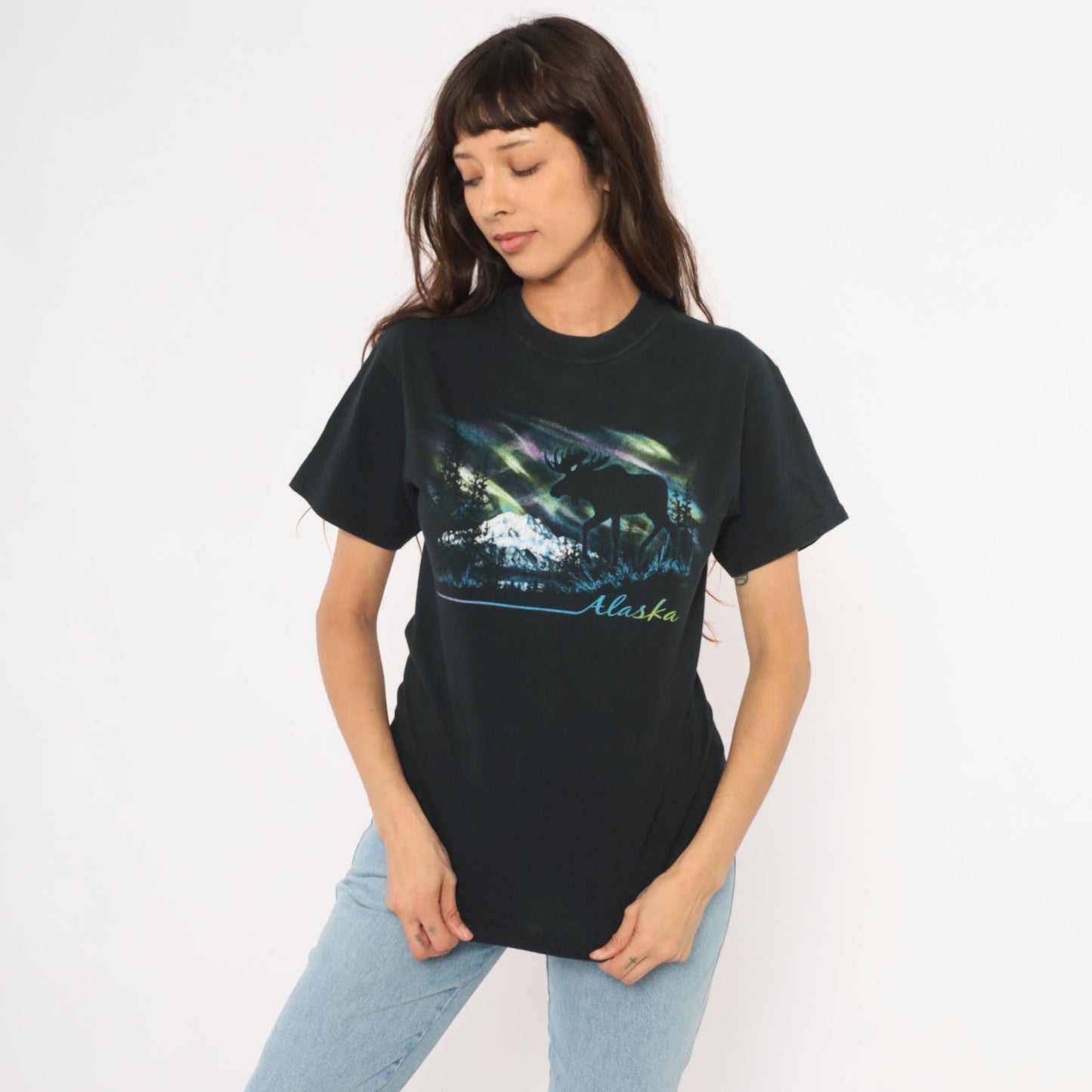 Y2K Alaska Moose Aurora Borealis Graphic Tee Black Cotton Small S