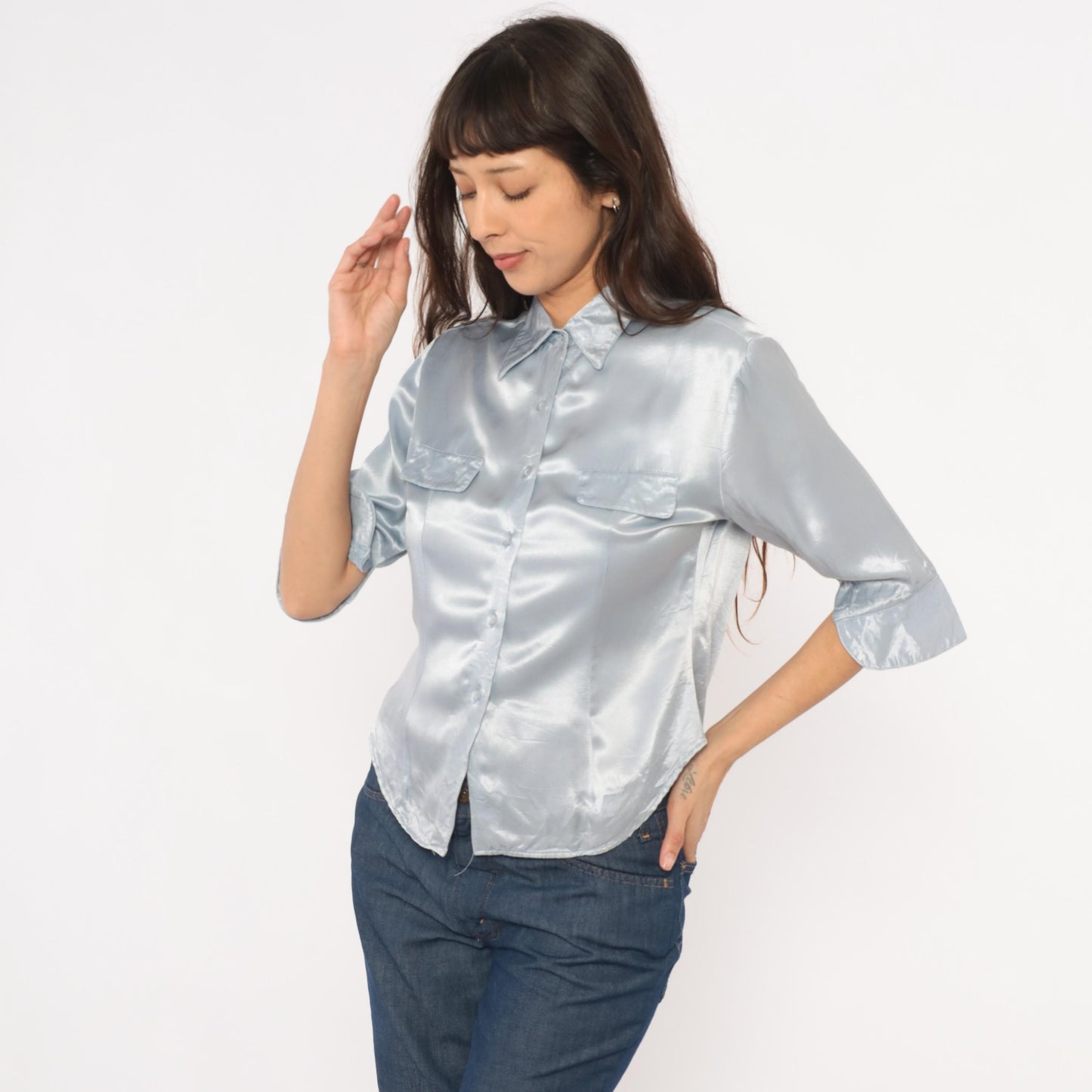 90s Younique Silver Satin Button Blouse Three Quarter Sleeve Small