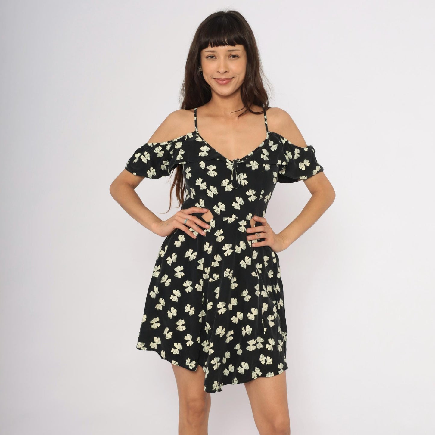 Y2K Black Cream Bow Print Mini Dress Cold Shoulder Cutout Small S