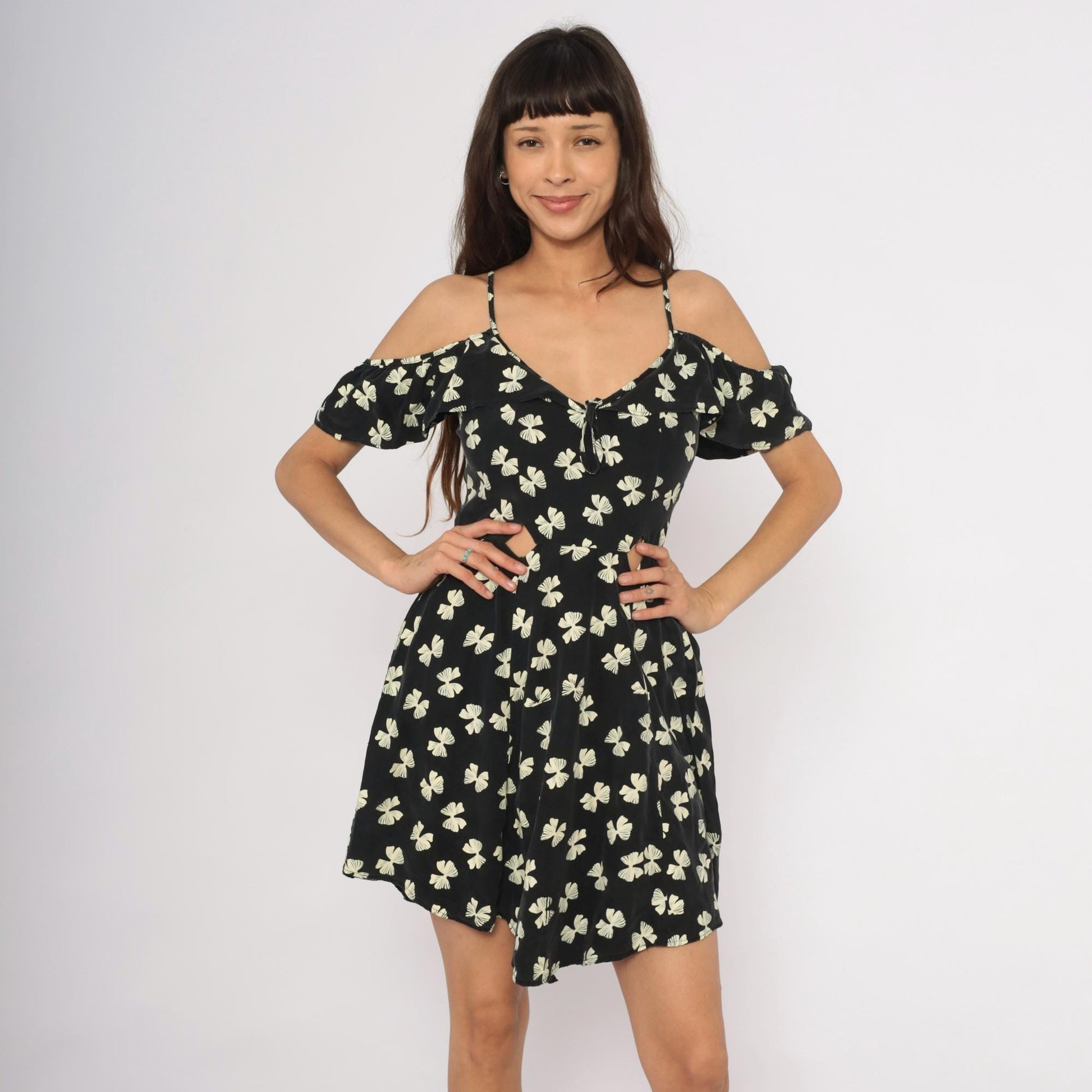 Y2K Black Cream Bow Print Mini Dress Cold Shoulder Cutout Small S