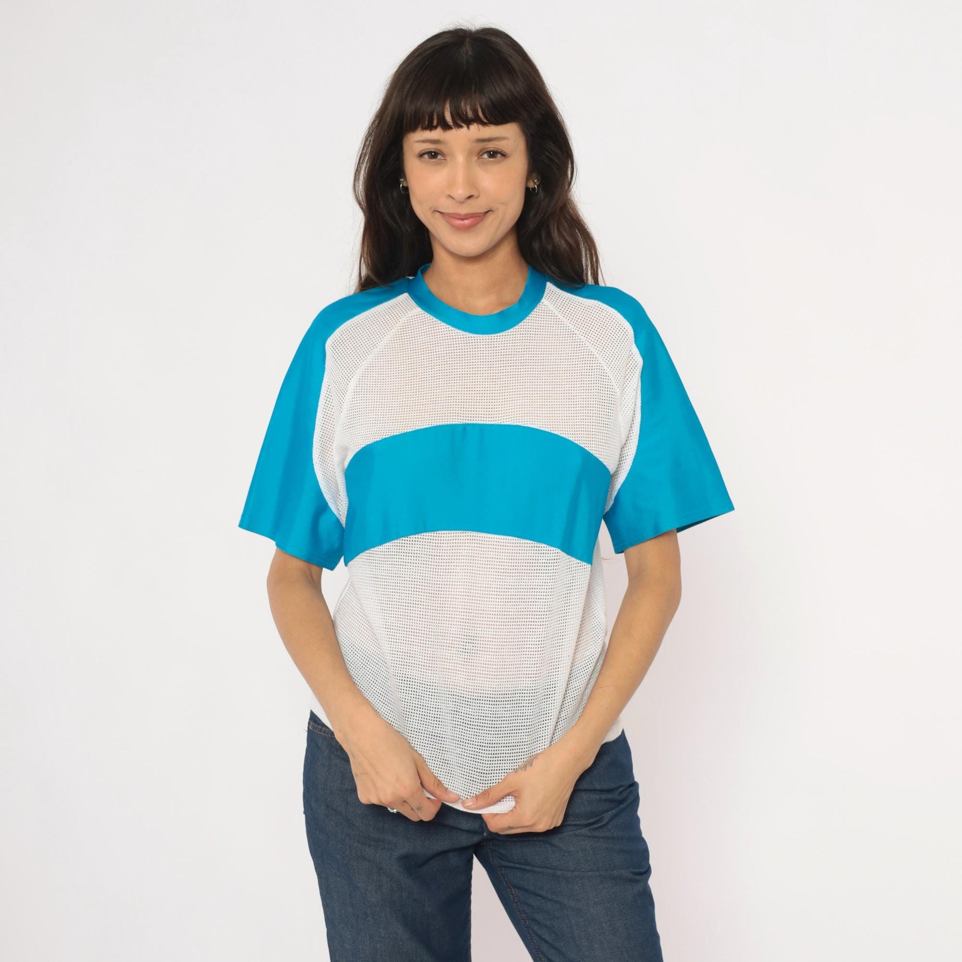 90s Kanu Mesh Panel Raglan Tee Blue White Colorblock Cotton Medium M