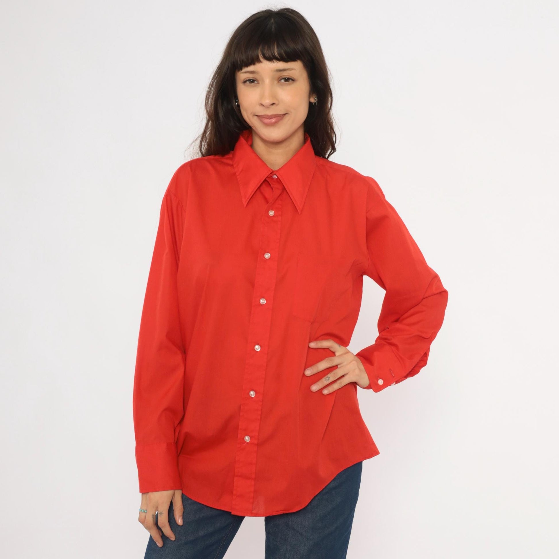 70s Golden Vee Red Button-Up Shirt Pointed Collar Long Sleeve Medium