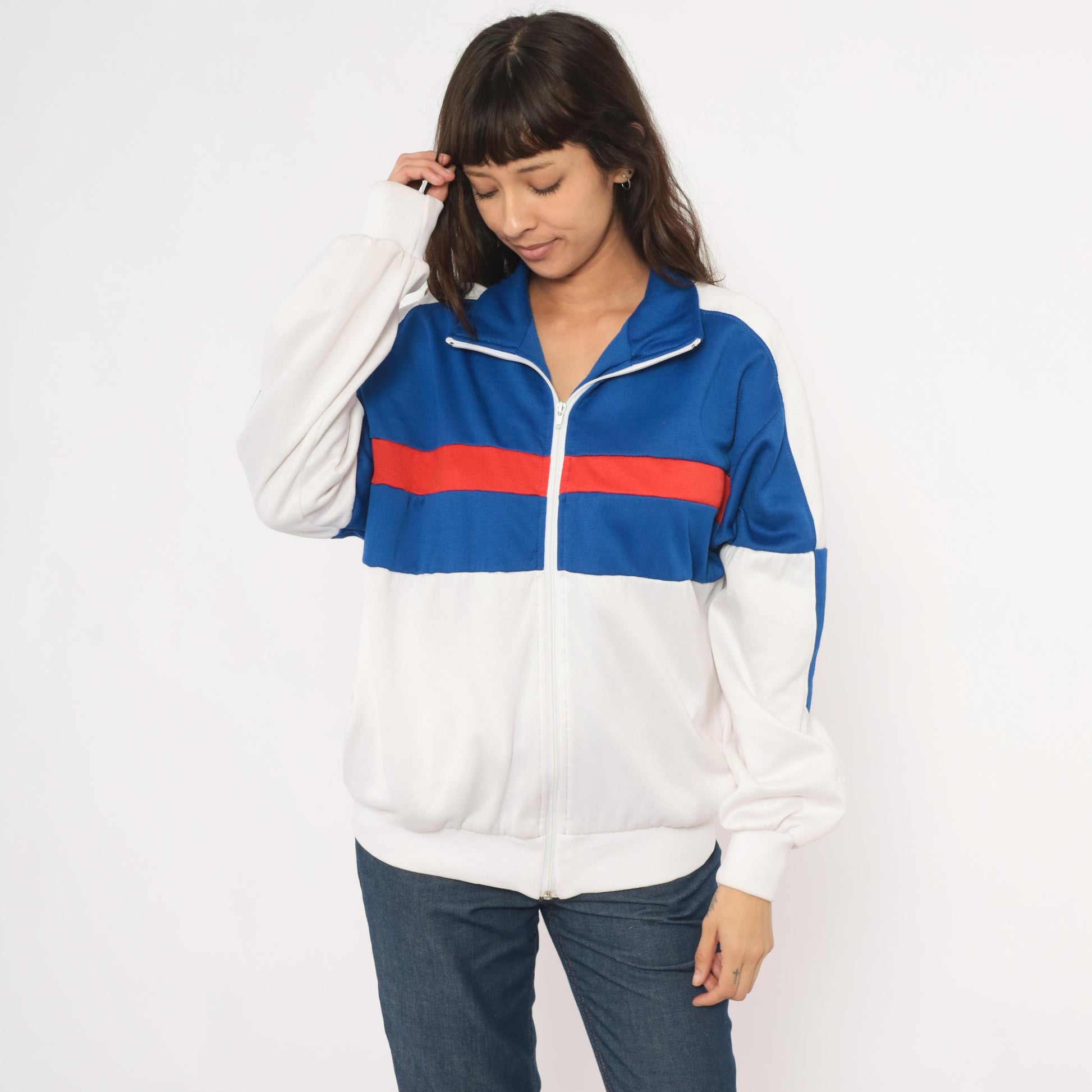 80s Pro Spirit Color Block Track Jacket Blue White Red Stripe Large L