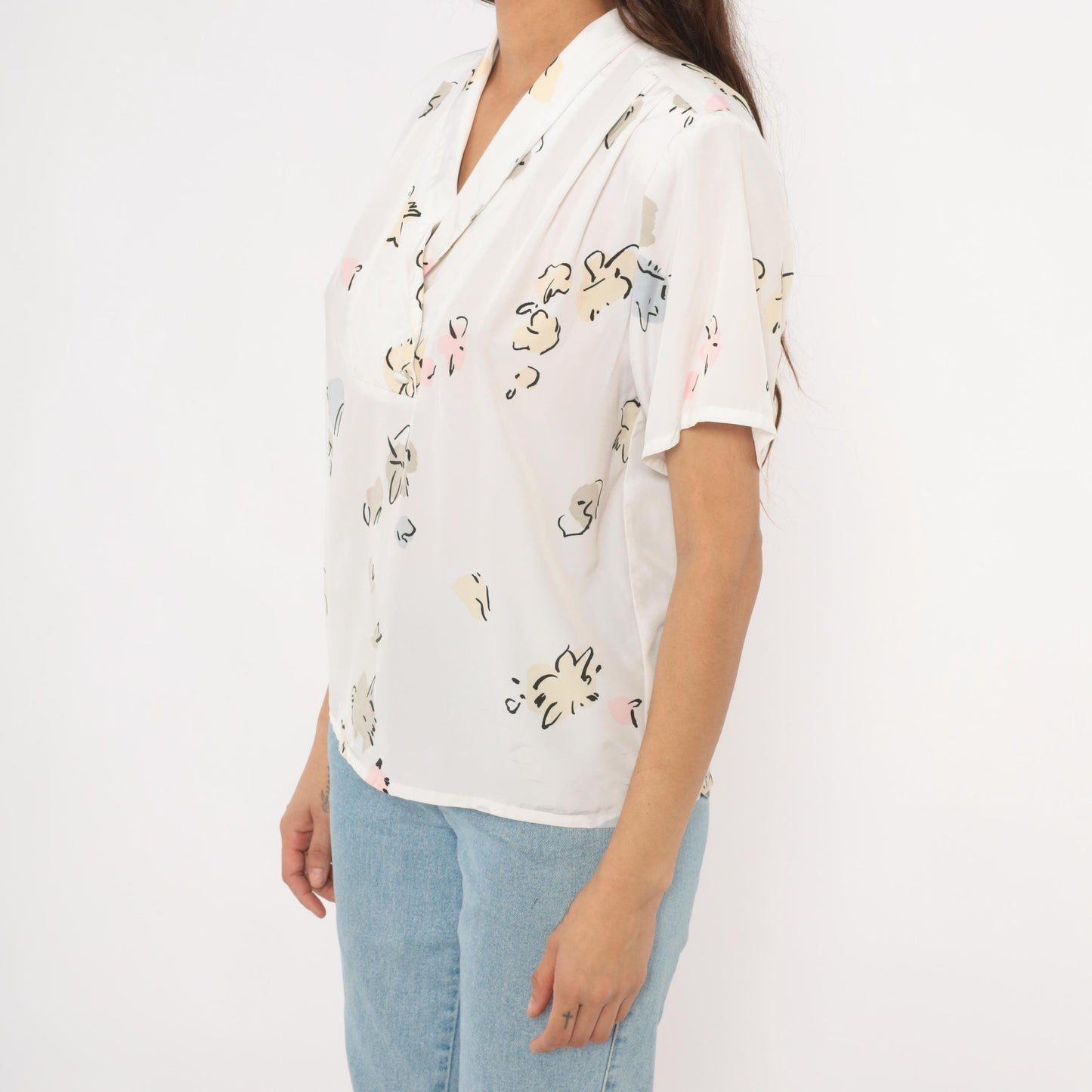 90s Liz Baker Abstract Floral Blouse Cream Shawl Collar V Neck Medium