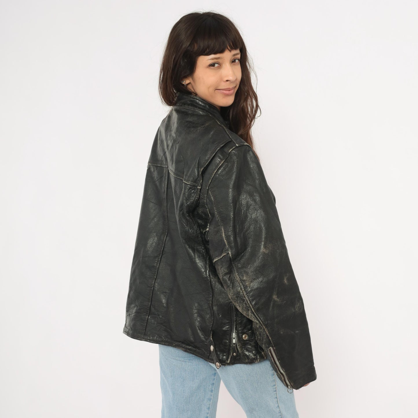 90s Unik Leather Cafe Racer Jacket Black Moto Coat Heavy Weight Extra Large