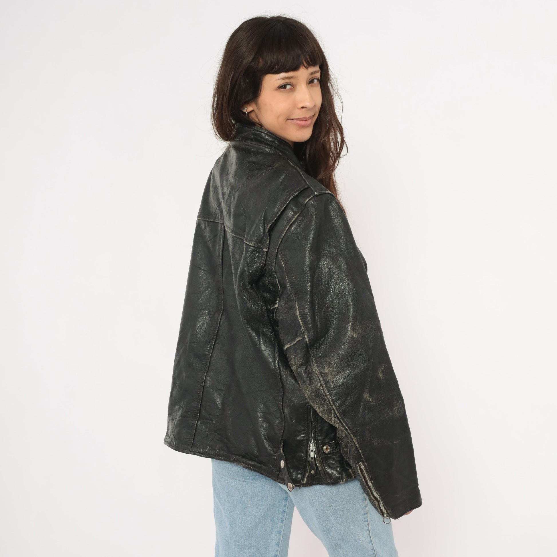 90s Unik Leather Cafe Racer Jacket Black Moto Coat Heavy Weight Extra Large