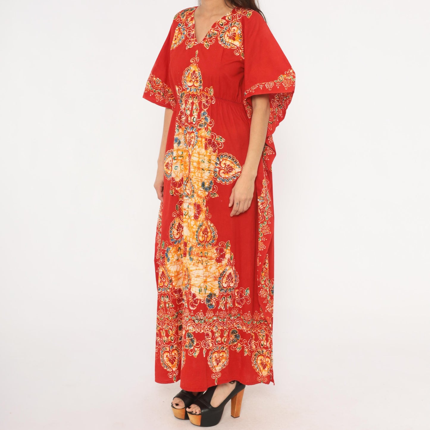 90s Red Paisley Batik Maxi Kaftan Empire Waist Flutter Sleeve Small Medium