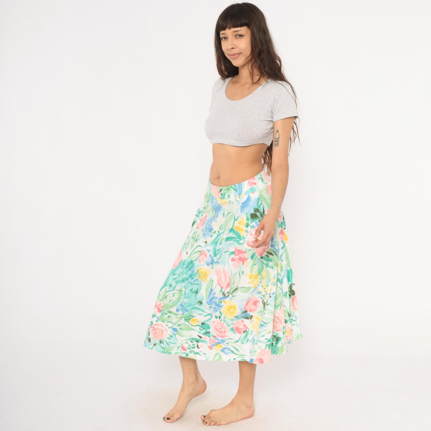 80s Dennis Goldsmith Floral Midi Skirt A-Line Pink Teal Green Medium
