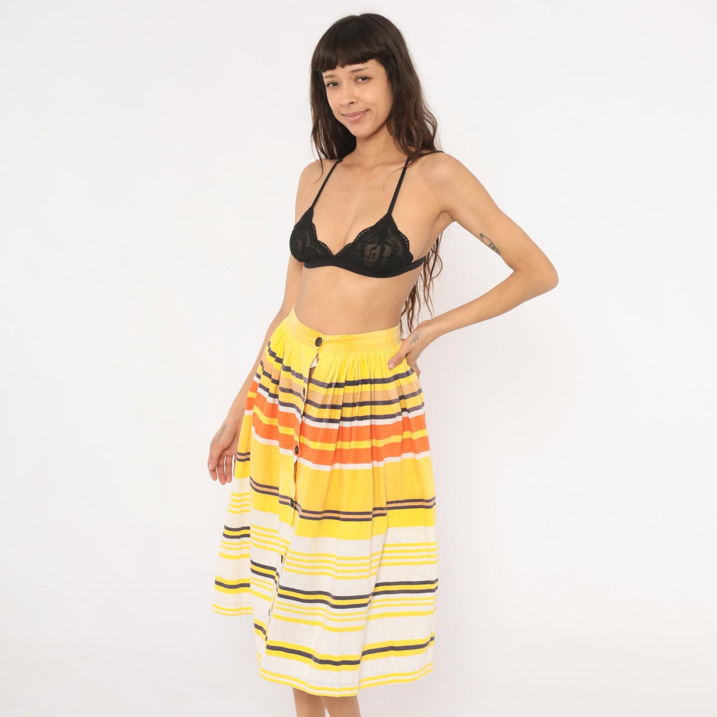 70s Striped Button Front Midi Skirt Yellow Orange Cotton Gathered Waist Small