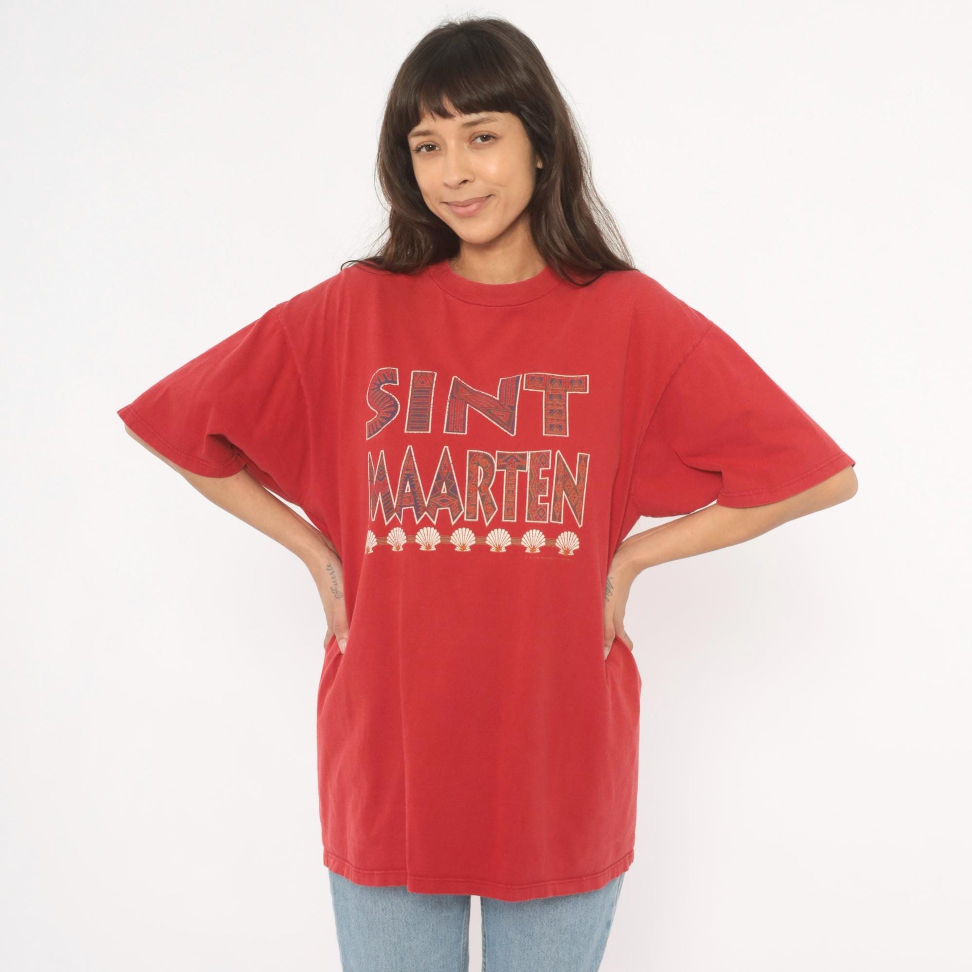90s Sint Maarten Tribal Seashell Souvenir Tee Red Cotton Extra Large XL