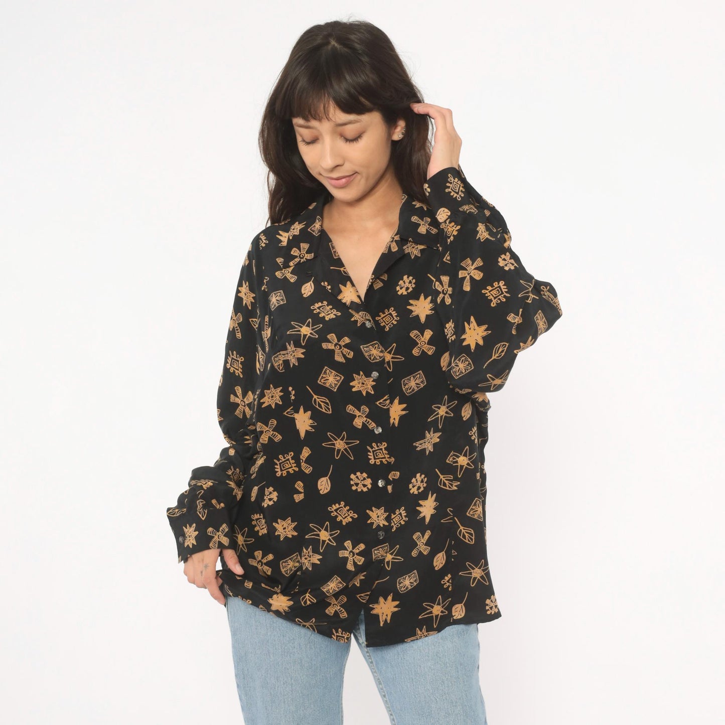 90s Annie Alexander Silk Blouse Black Gold Abstract Print Notched Collar Large L
