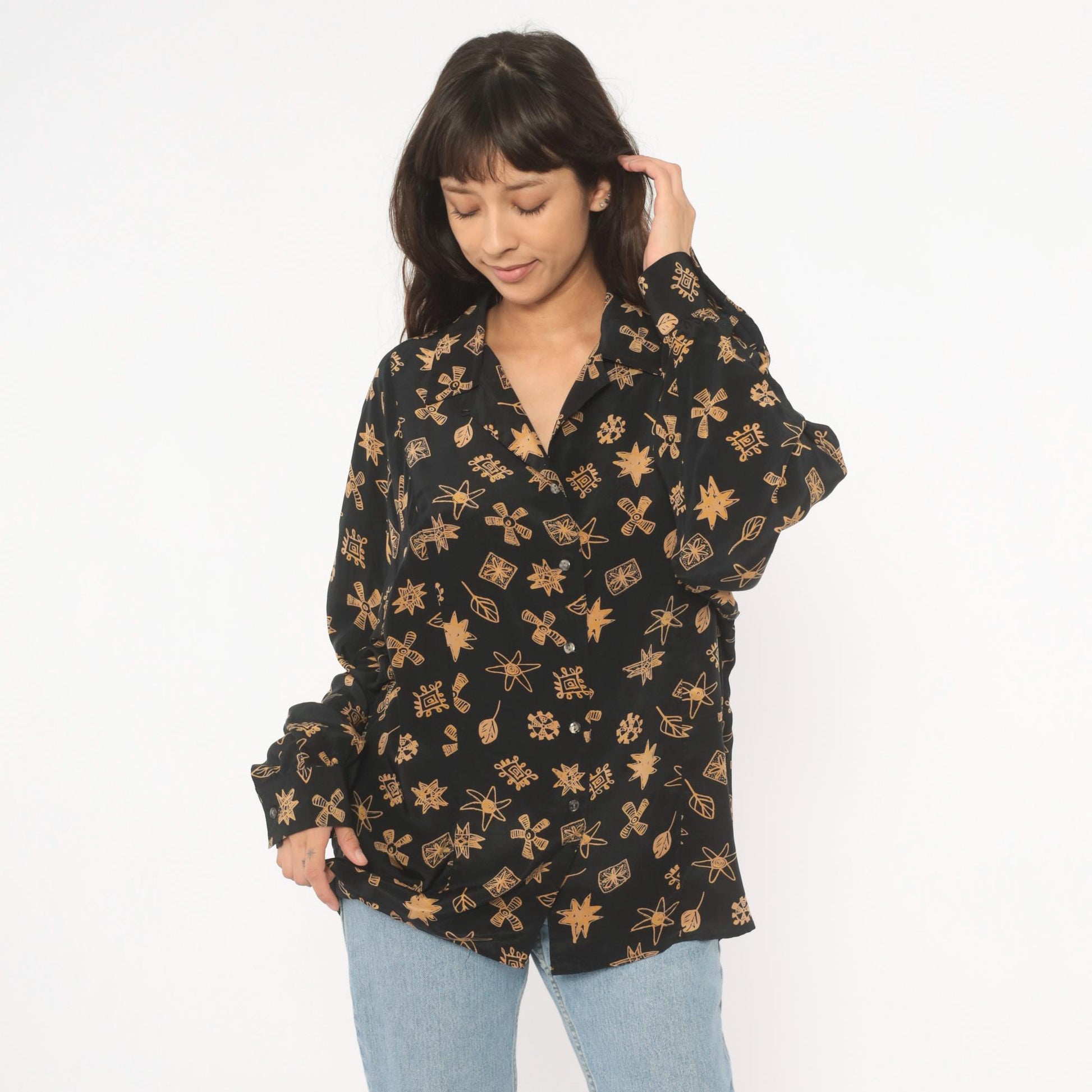 90s Annie Alexander Silk Blouse Black Gold Abstract Print Notched Collar Large L