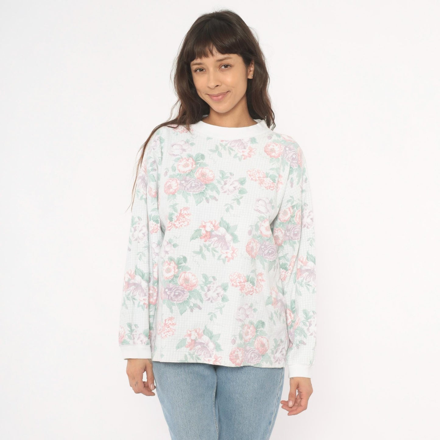 90s Floral Crewneck Sweatshirt Pink Lavender Rose Print White Medium