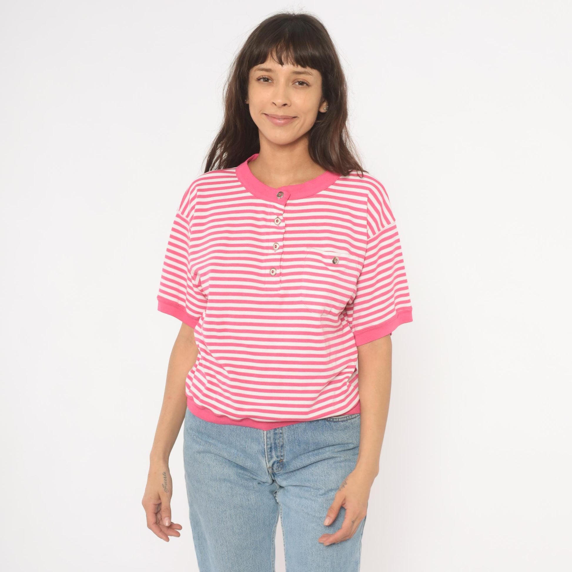 90s N Resource Pink Striped Henley Button Top Chest Pocket Medium