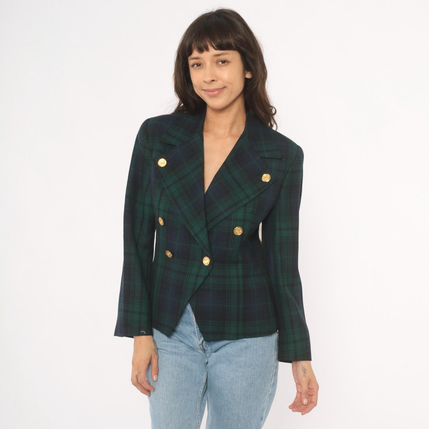 80s Rafaella Black Watch Tartan Wool Blazer Gold Button Peak Lapel Small S