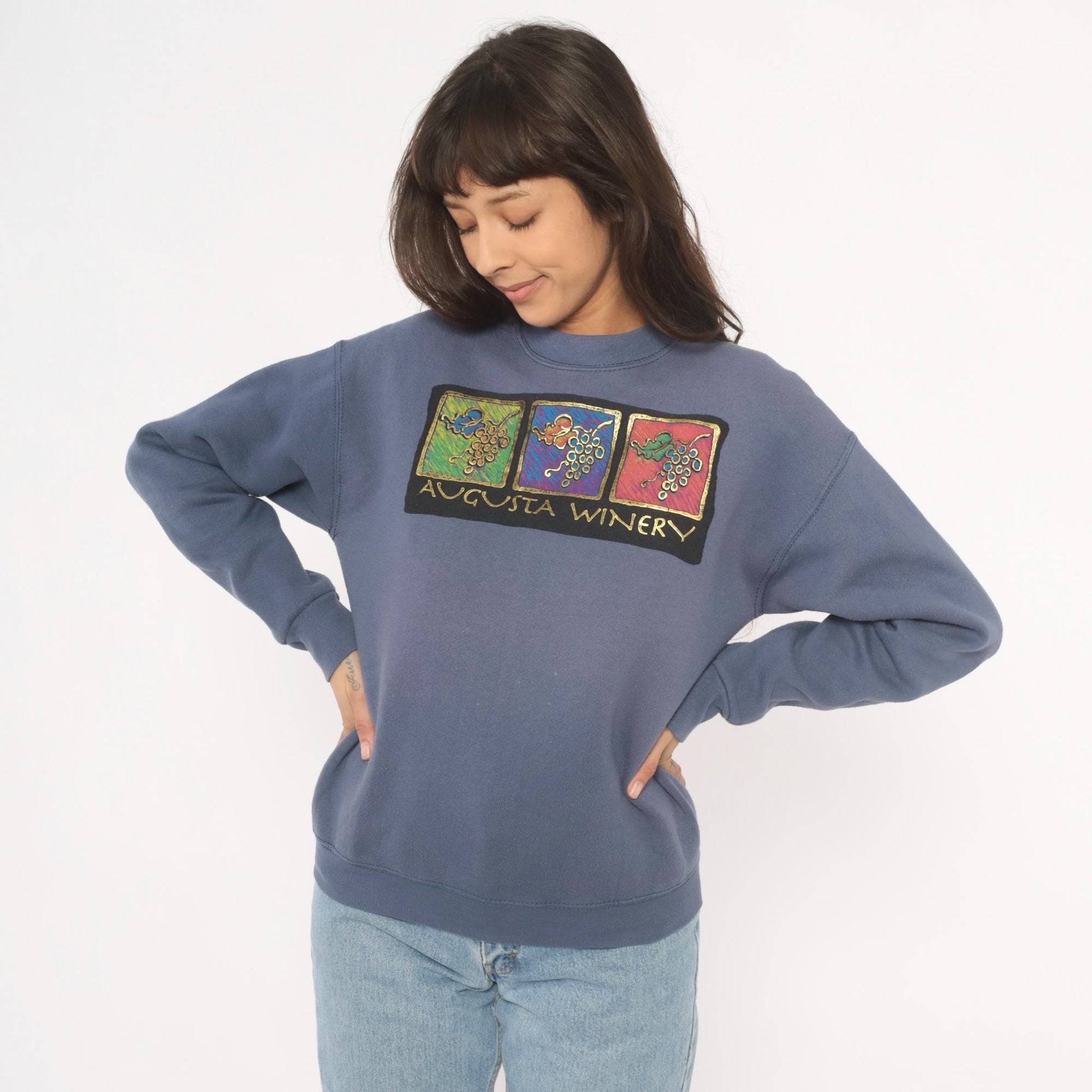 90s Fruit of the Loom Vineyard Crewneck Sweatshirt Slate Blue Graphic Small