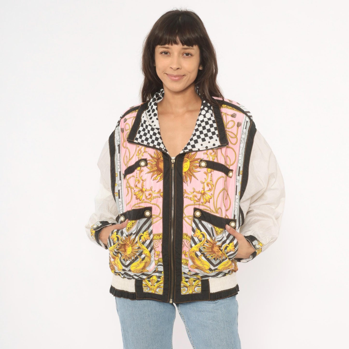 90s Giacca Sport Celestial Baroque Windbreaker Pink Gold Zip Jacket Large L