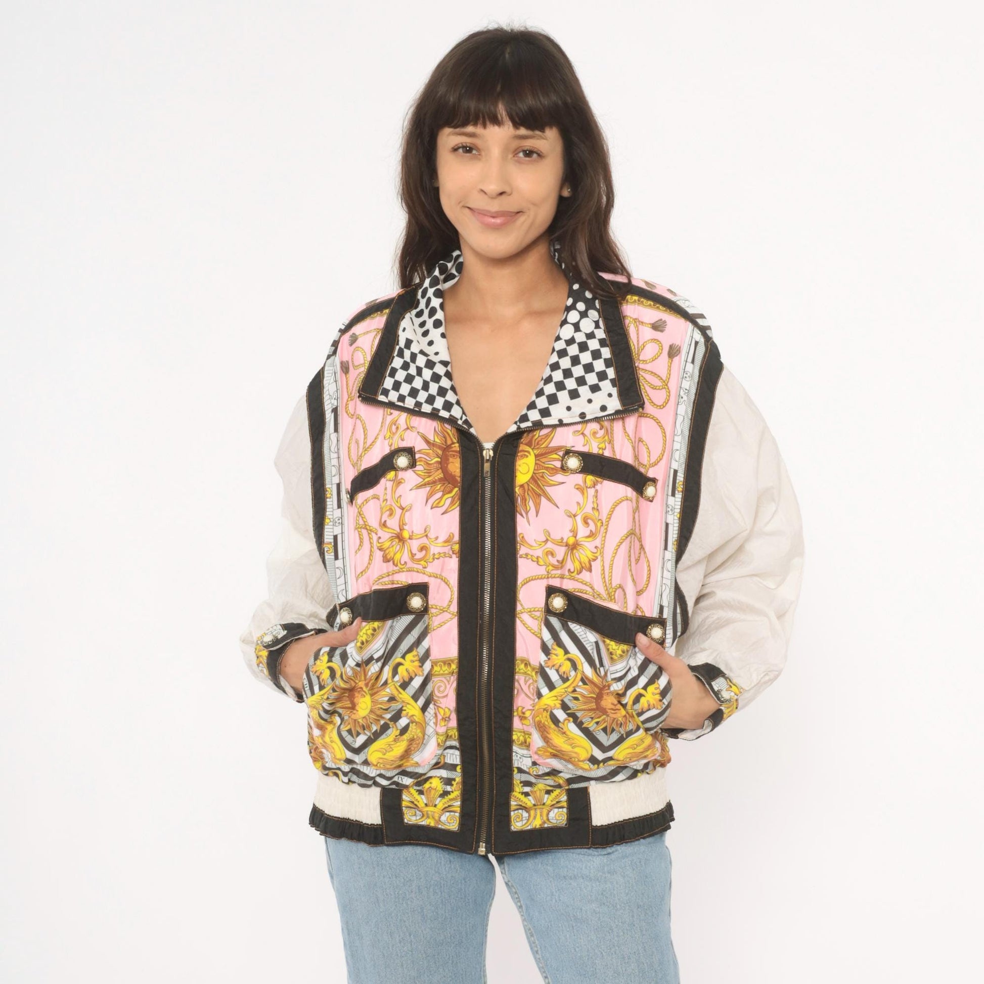 90s Giacca Sport Celestial Baroque Windbreaker Pink Gold Zip Jacket Large L