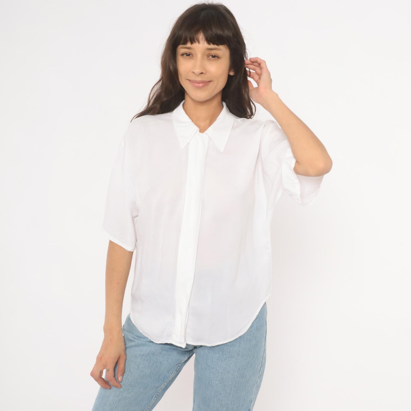 90s White Pointed Collar Blouse Hidden Placket Relaxed Fit Medium M