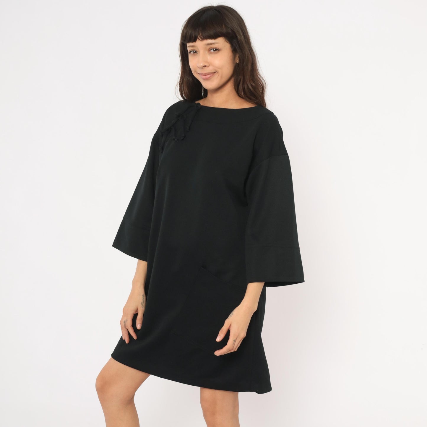 70s Black Shift Dress Lace-Up Neckline Bell Sleeve Patch Pockets Extra Large XL