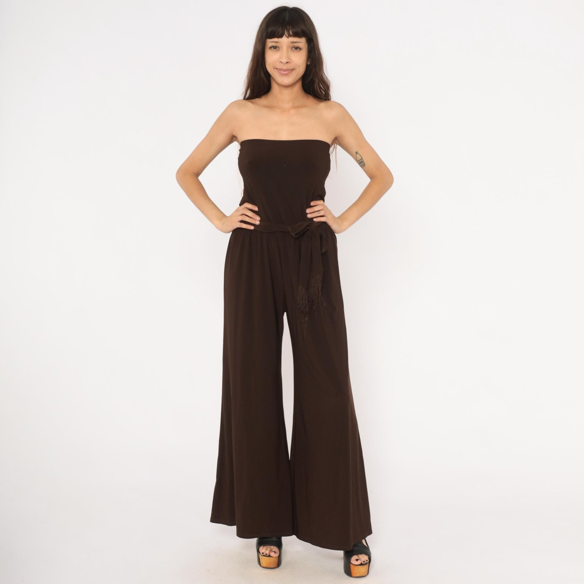 2000s MSK Chocolate Brown Strapless Jumpsuit Wide Leg Palazzo Medium M