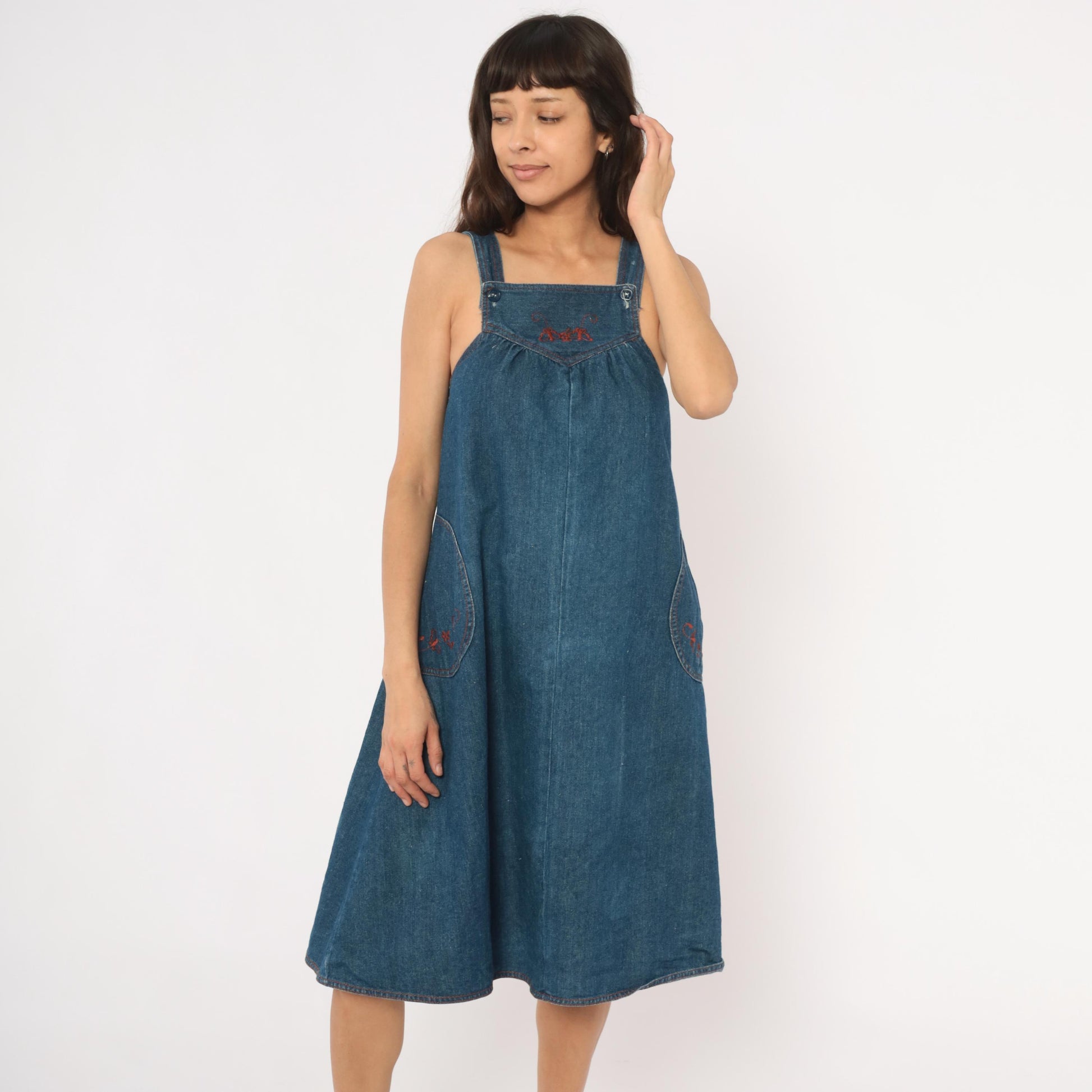 70s Joni Blair Denim Jumper Dress Blue Embroidered Pinafore XS