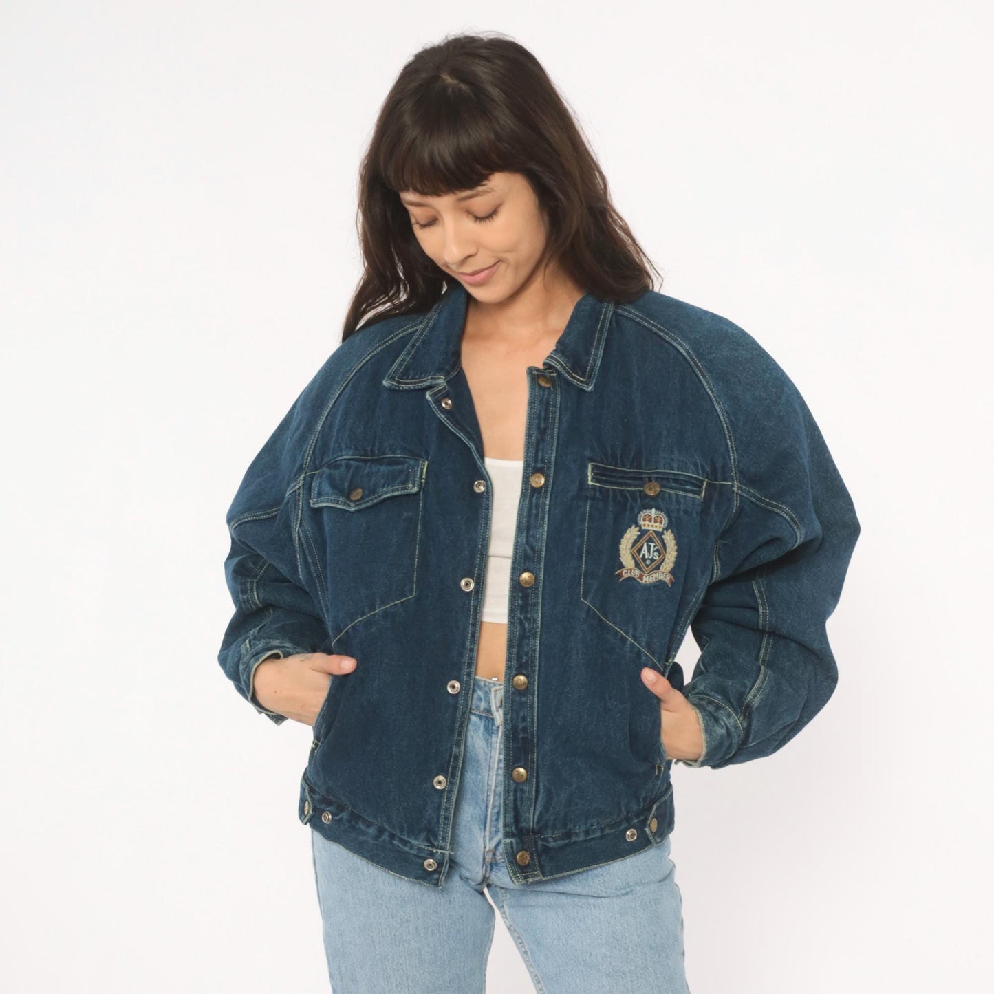 90s AJs Dark Wash Denim Bomber Jacket Embroidered Logo Small