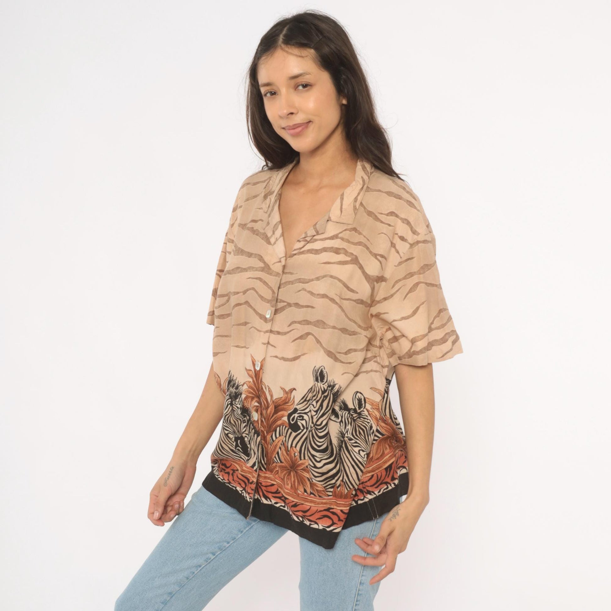 90s Teddi Zebra Safari Camp Collar Shirt Animal Print Tan Large L