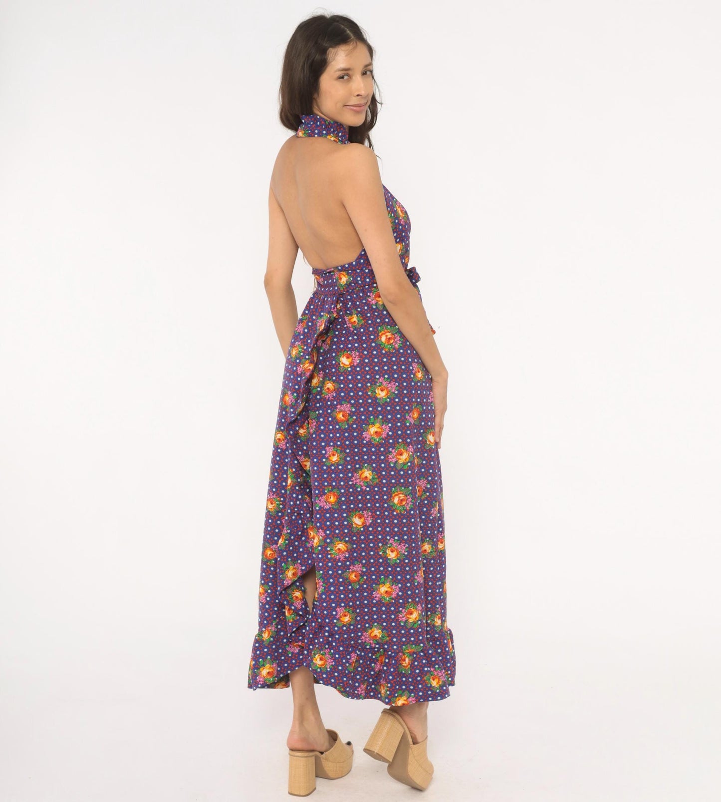 70s Floral Halter Dress Purple Polka Dot Tie Waist Open Back XS