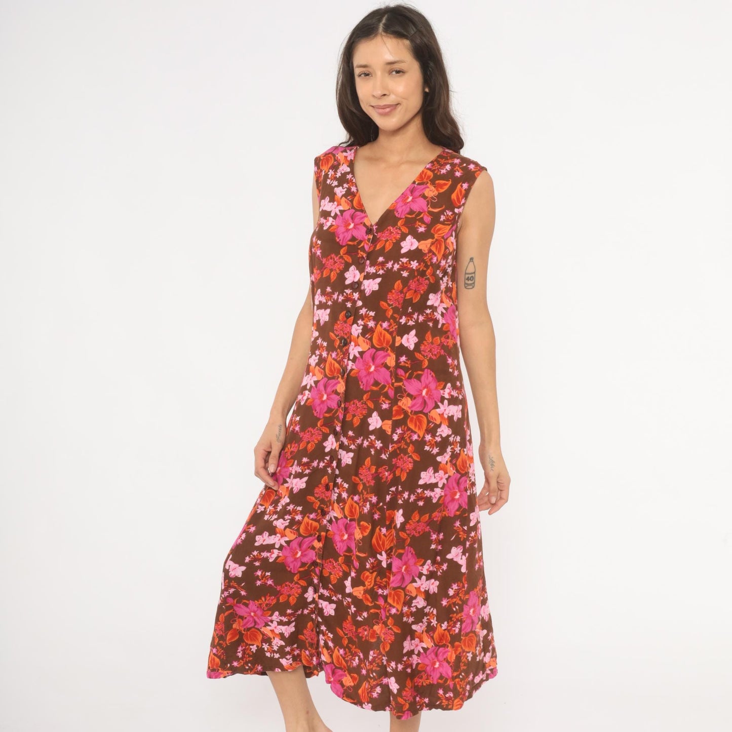 Y2K Roaman's Tropical Floral Midi Dress Brown Pink Orange Button Front Plus Size 14W