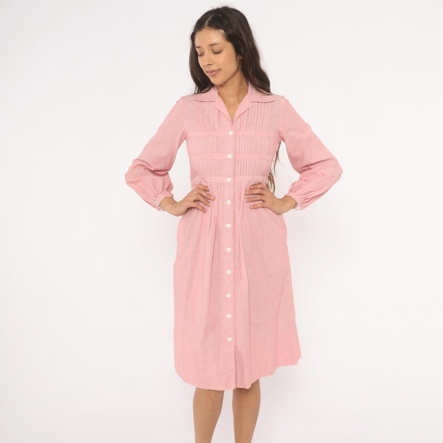 80s Nipon Boutique Pinstripe Shirtdress Pink Button Front Puff Sleeve XS