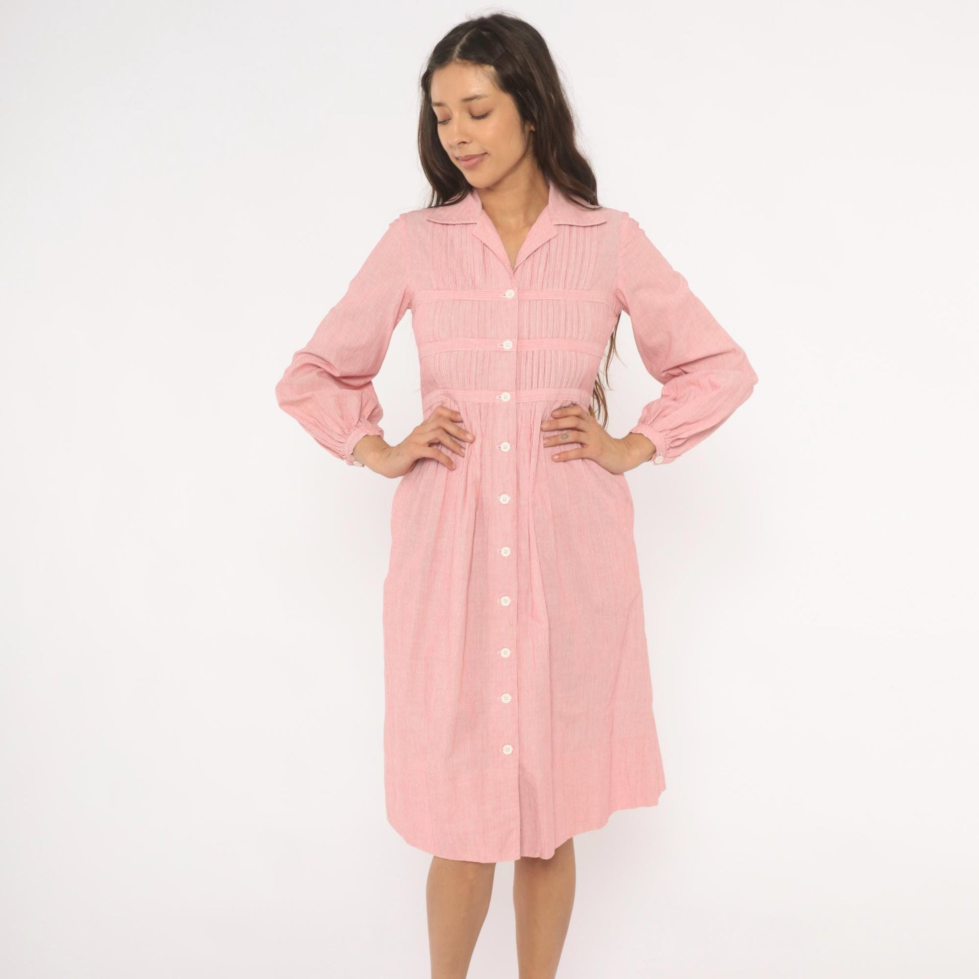 80s Nipon Boutique Pinstripe Shirtdress Pink Button Front Puff Sleeve XS