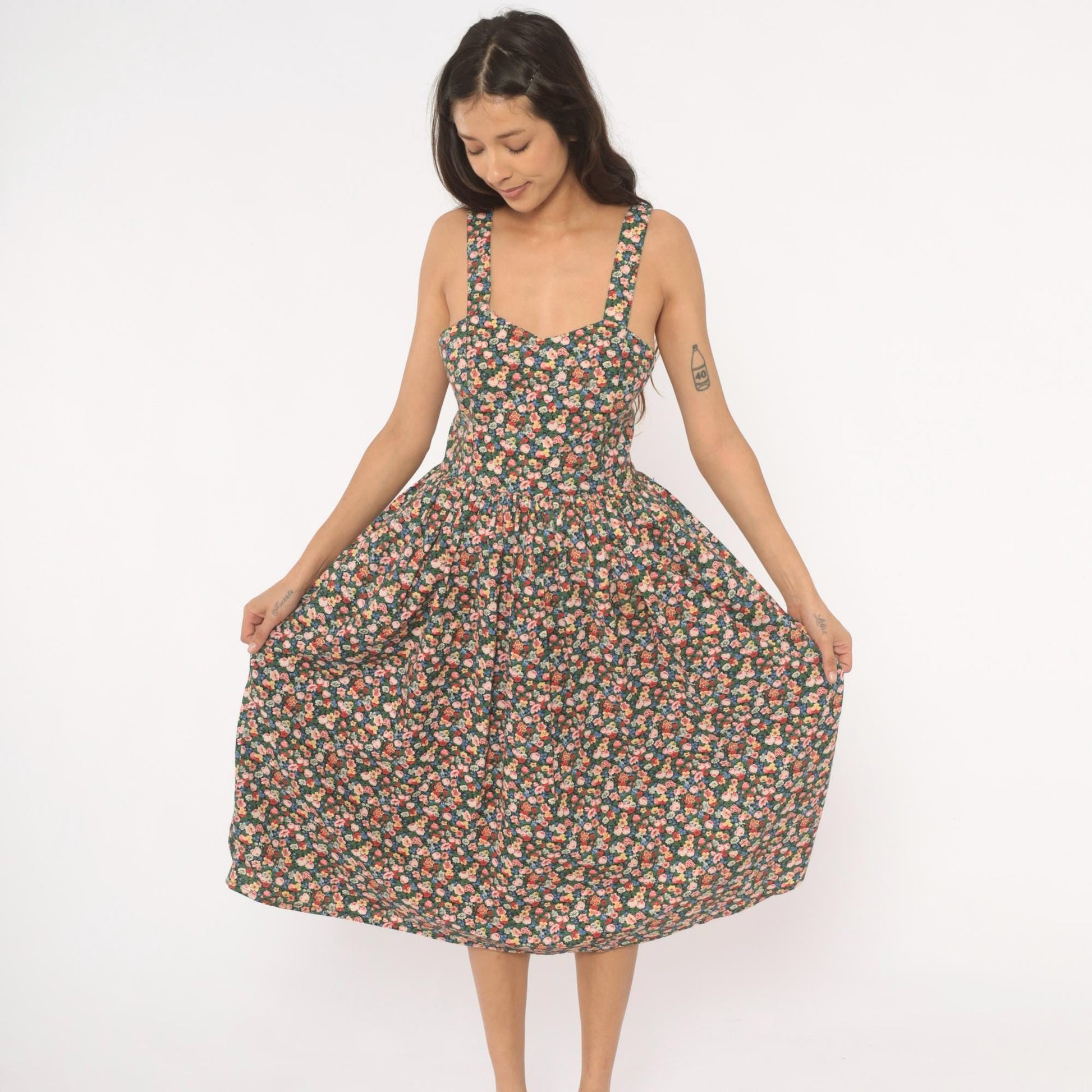 90s The Limited Floral Midi Sundress Calico Print Sweetheart Neckline Small