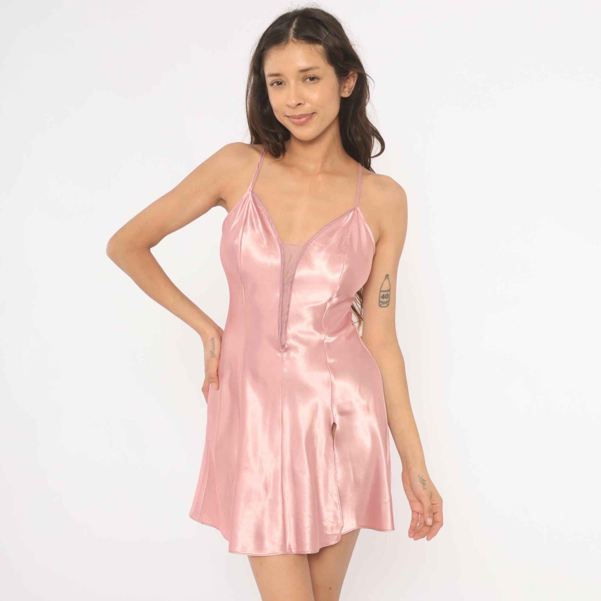 90s Victoria's Secret Pink Satin Slip Dress Deep V Mesh Insert Small