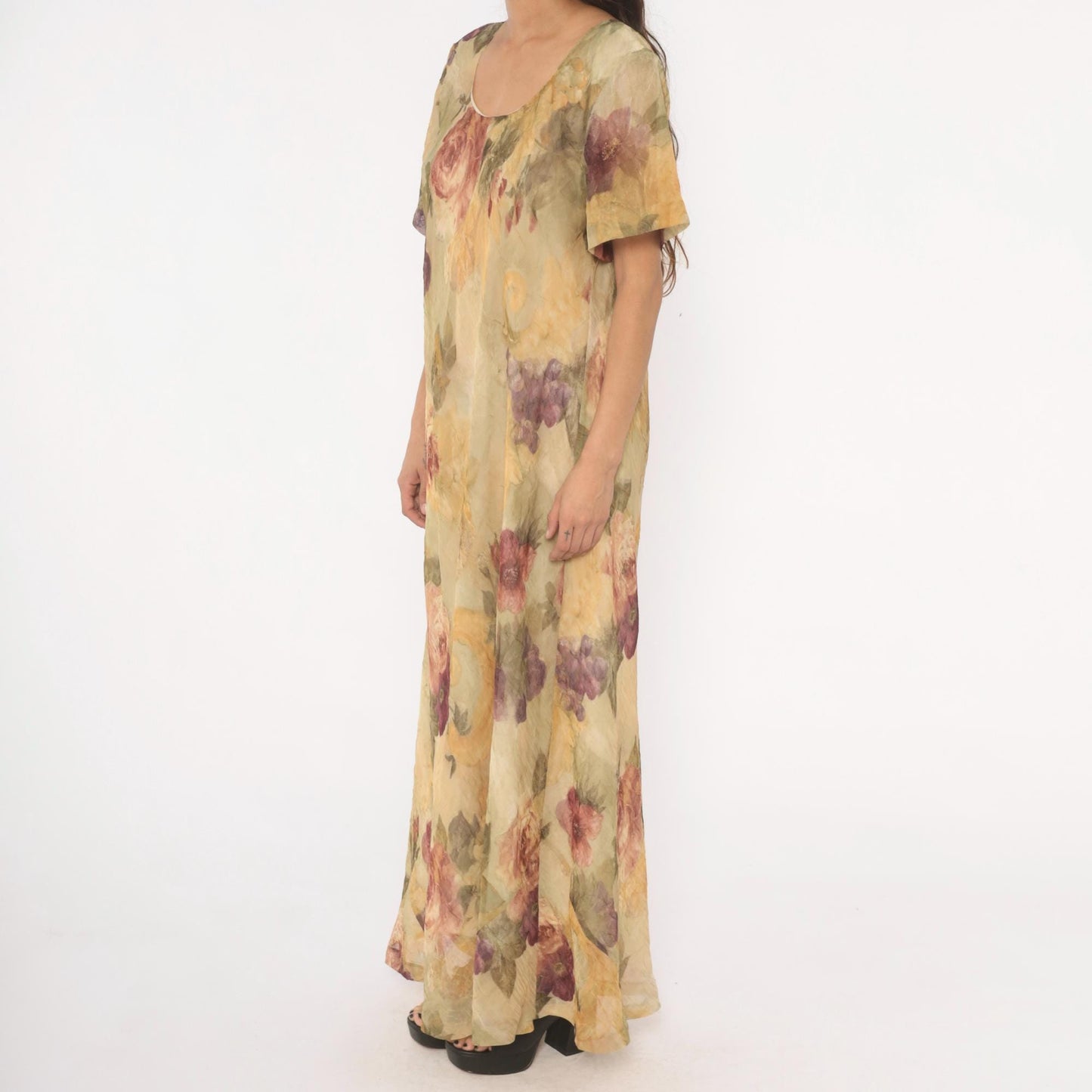90s DE Frantoria Floral Maxi Dress Cream Rose Print Flutter Sleeve Extra Large