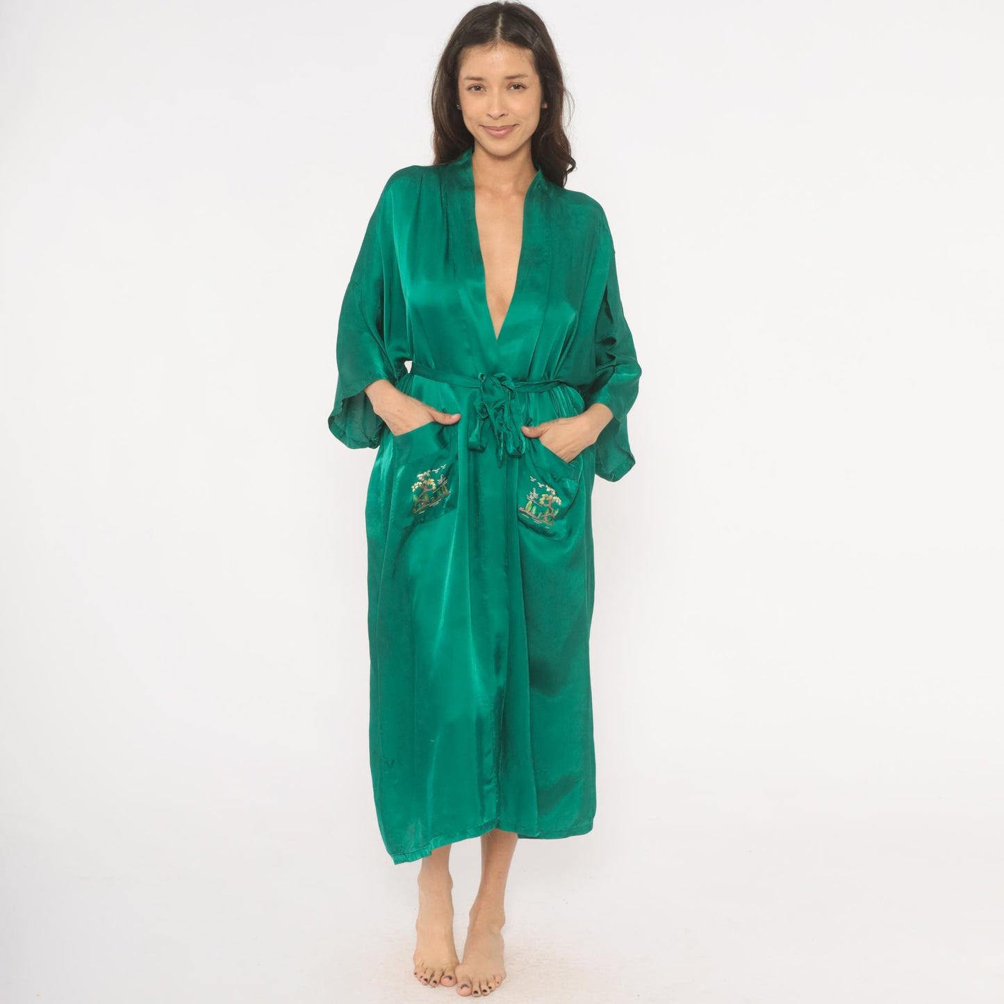 80s Health Silk Kimono Robe Emerald Embroidered Landscape Ankle Length Large L