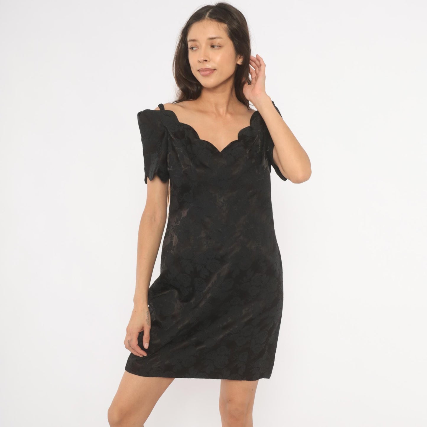 90s Expo Petite Black Floral Jacquard Mini Dress Sweetheart Neckline Medium M