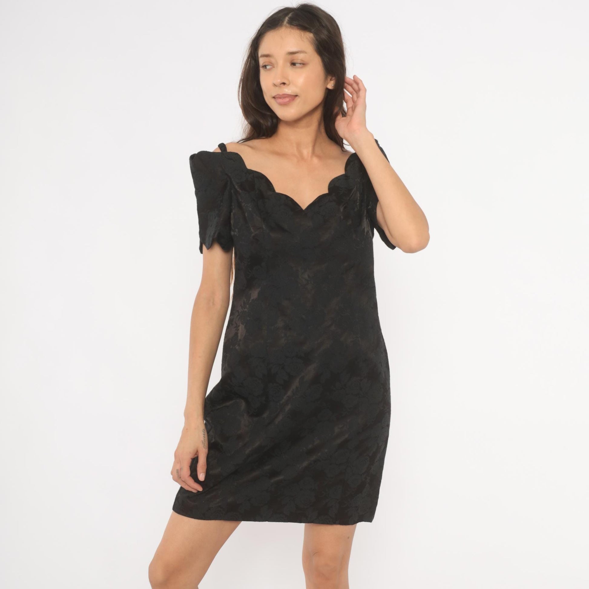 90s Expo Petite Black Floral Jacquard Mini Dress Sweetheart Neckline Medium M