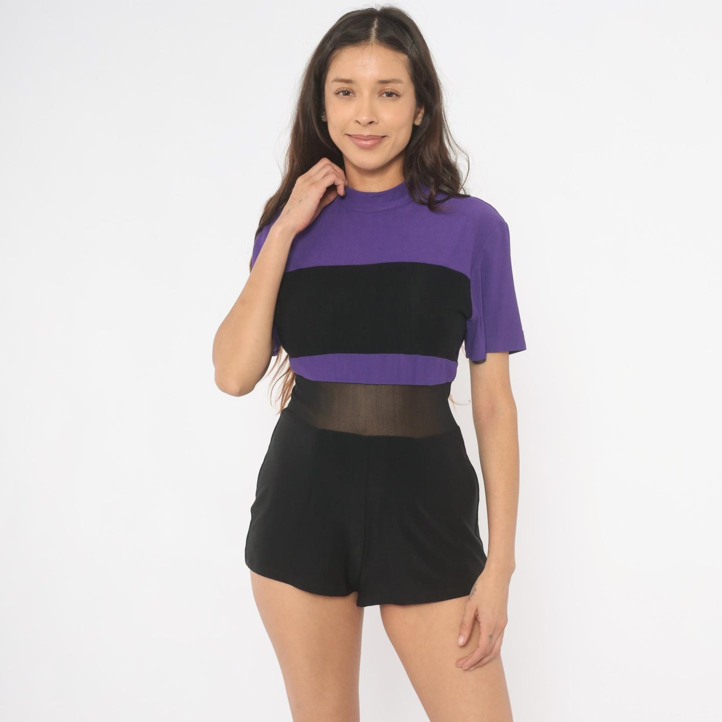 90s D.F. Summers Purple Black Color Block Romper Mesh Waist Medium M