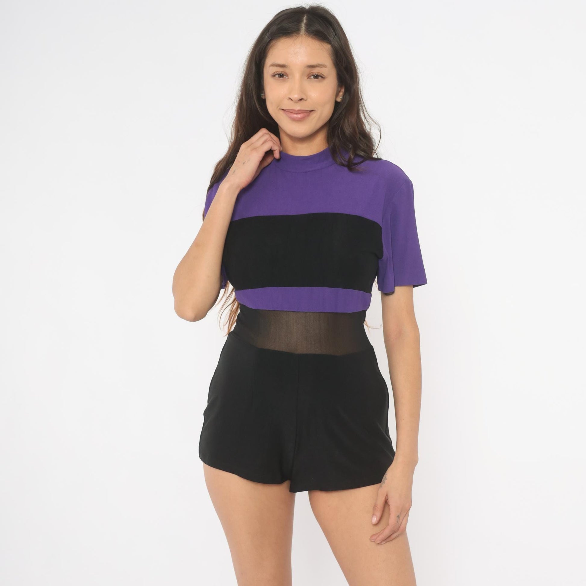 90s D.F. Summers Purple Black Color Block Romper Mesh Waist Medium M