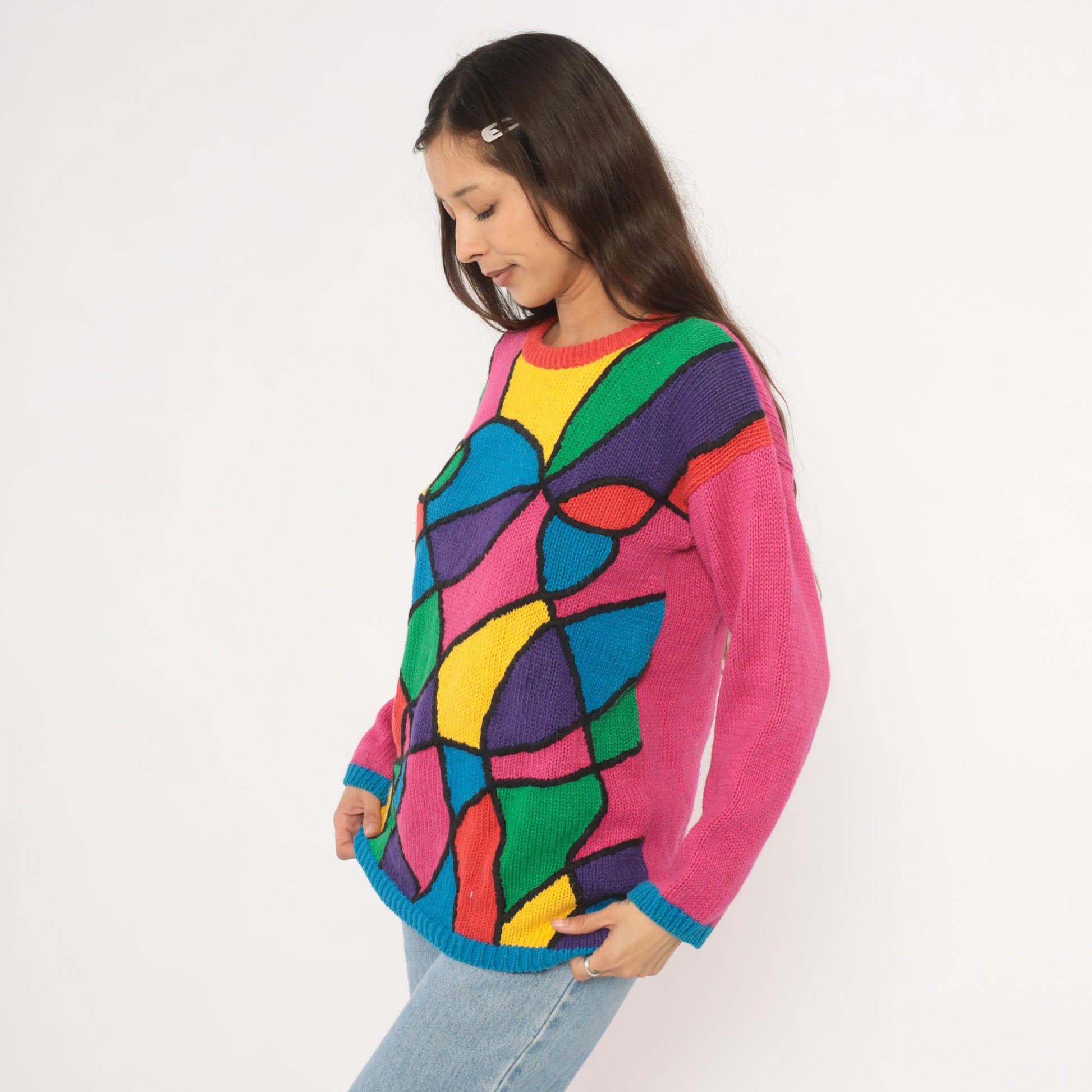 90s Reference Point Stained Glass Abstract Knit Pullover Multicolor Small