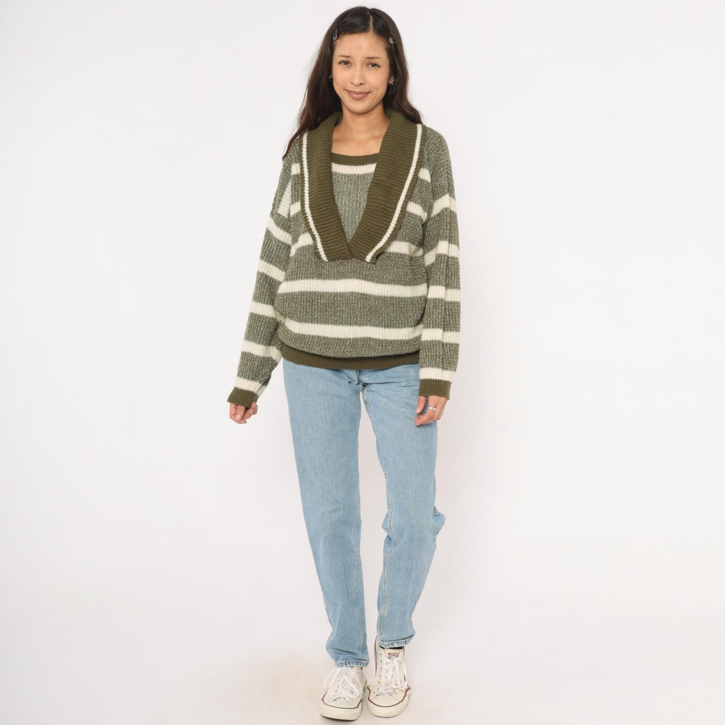 80s Olive Cream Striped Shawl Collar Sweater Knit Pullover Medium
