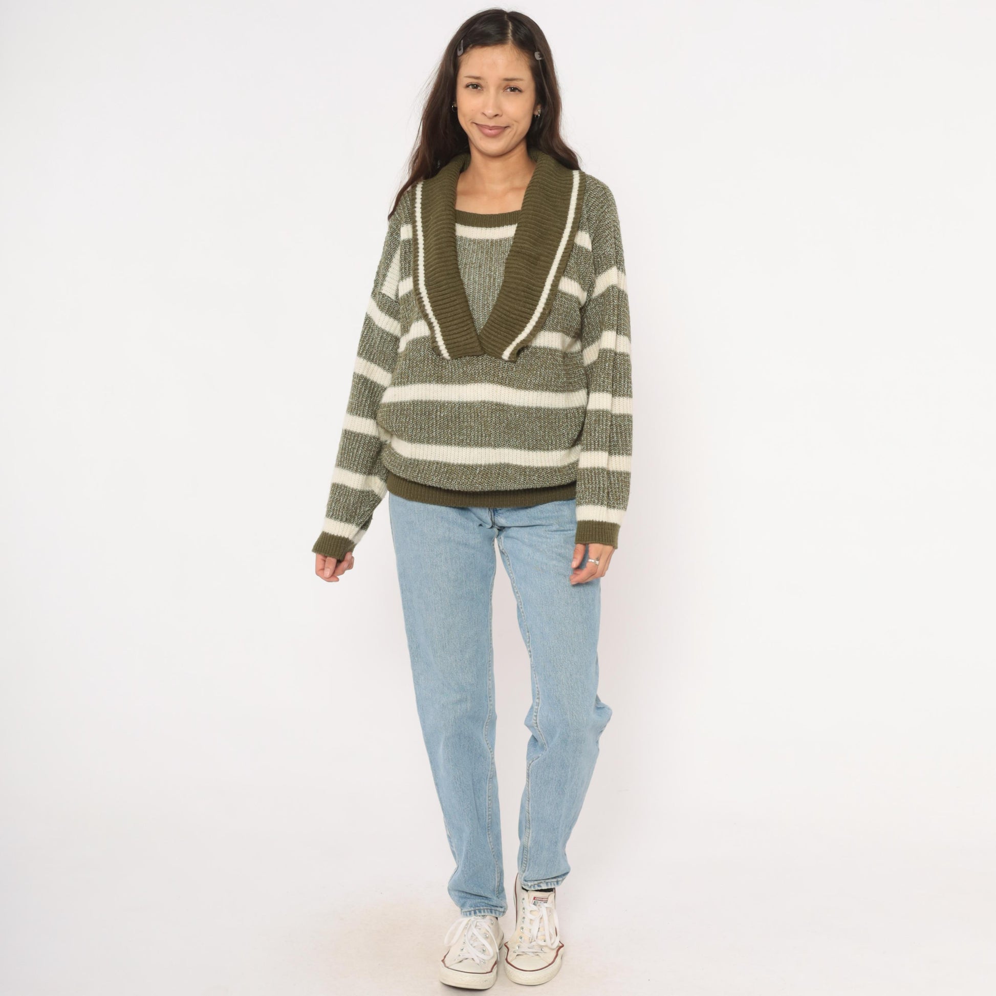 80s Olive Cream Striped Shawl Collar Sweater Knit Pullover Medium
