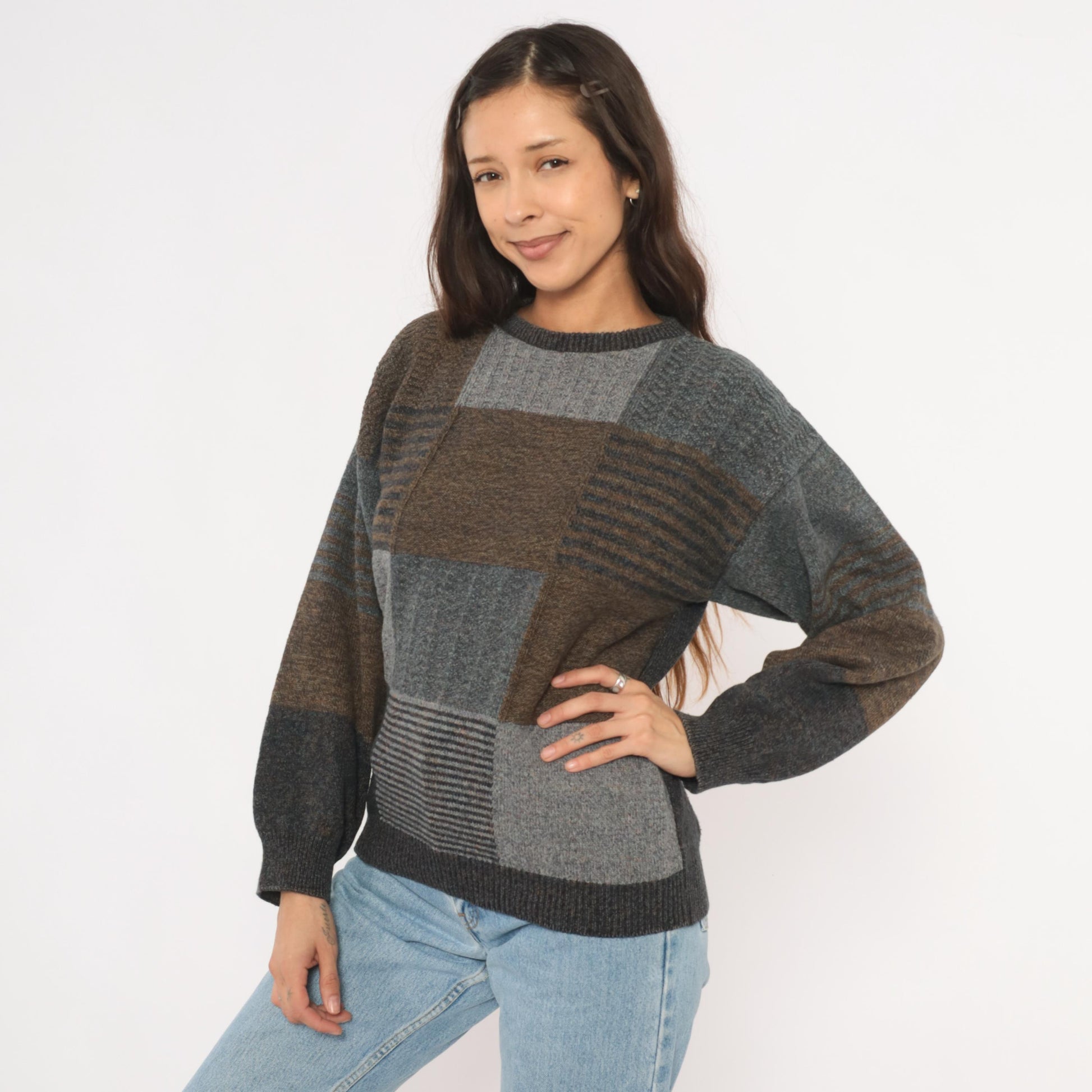 90s Bill Blass Patchwork Knit Sweater Brown Charcoal Colorblock Medium M
