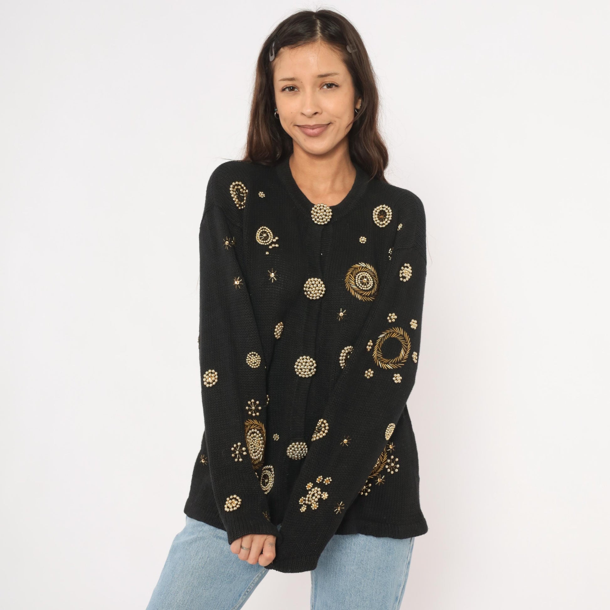 90s Fitting Image Black Cardigan Gold Beaded Medallion Embroidery Extra Large XL