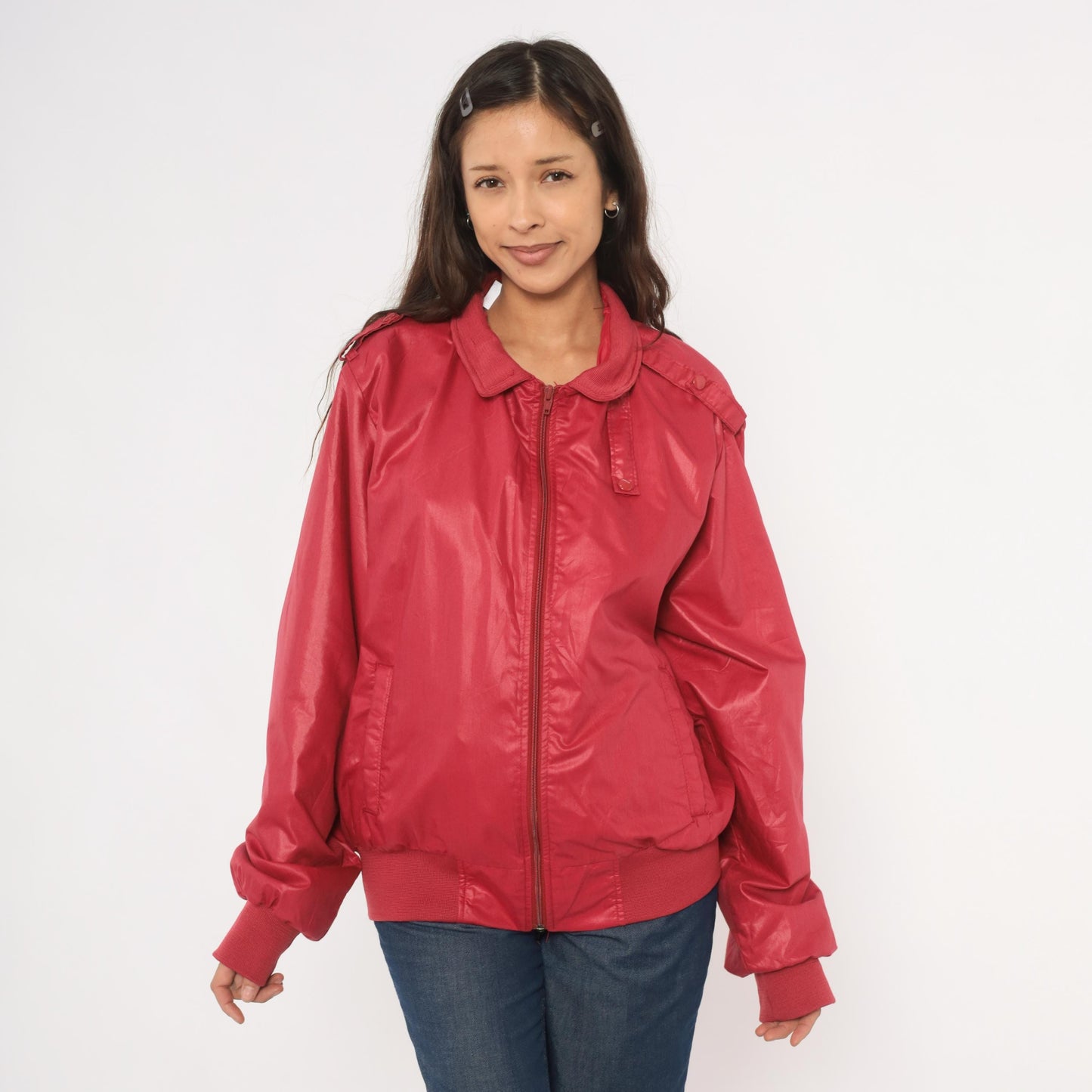 80s Raspberry Bomber Jacket Four Seasons Zip Front Windbreaker Shoulder Tabs Large L
