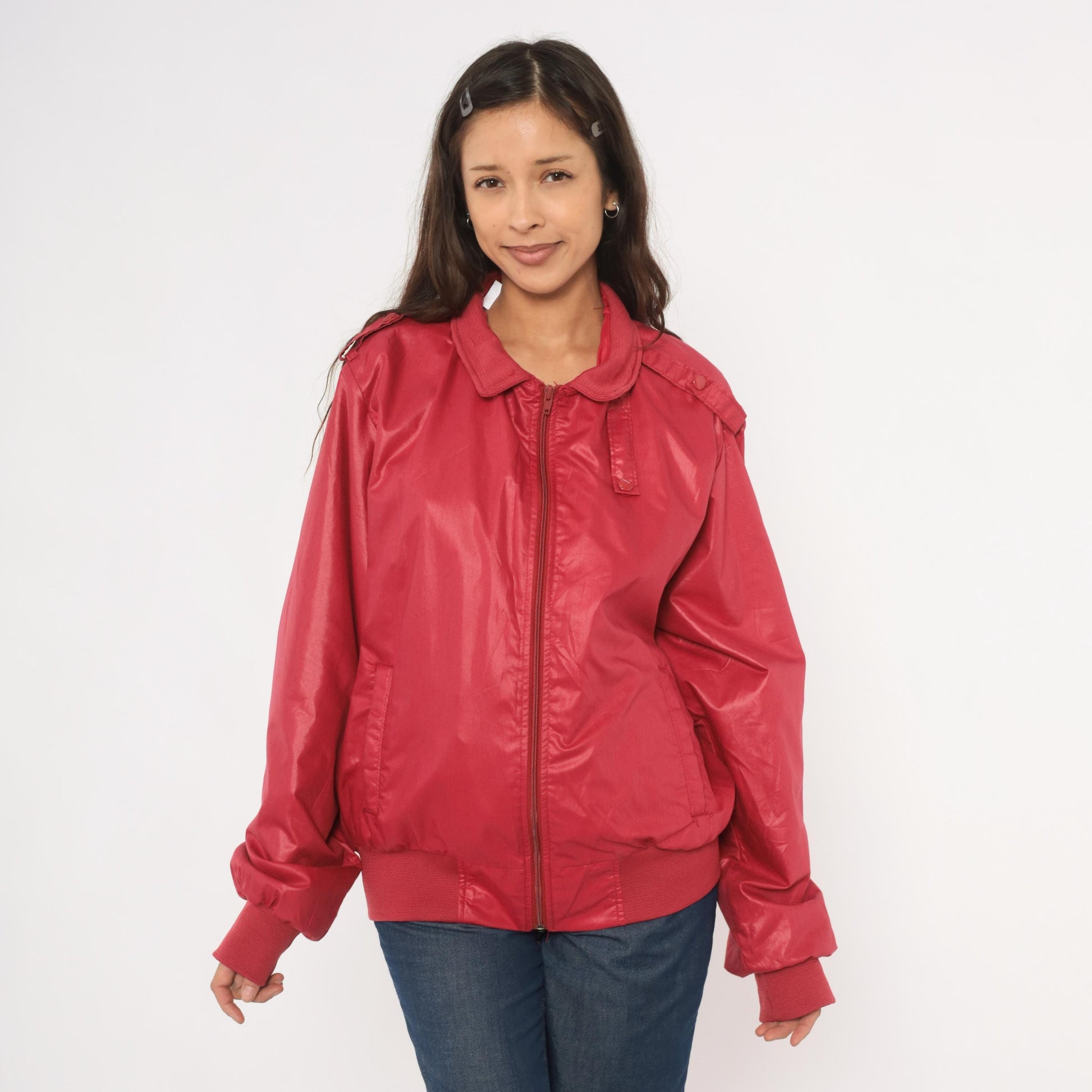 80s Raspberry Bomber Jacket Four Seasons Zip Front Windbreaker Shoulder Tabs Large L