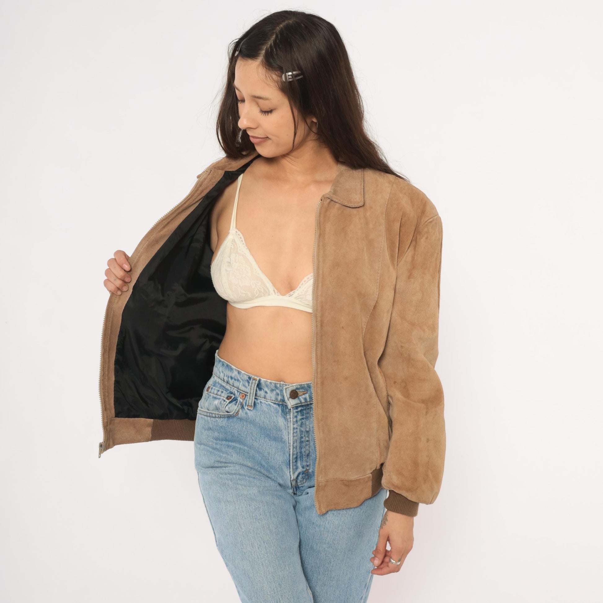 80s Tan Suede Bomber Jacket Zip Front Pointed Collar Ribbed Cuff Medium