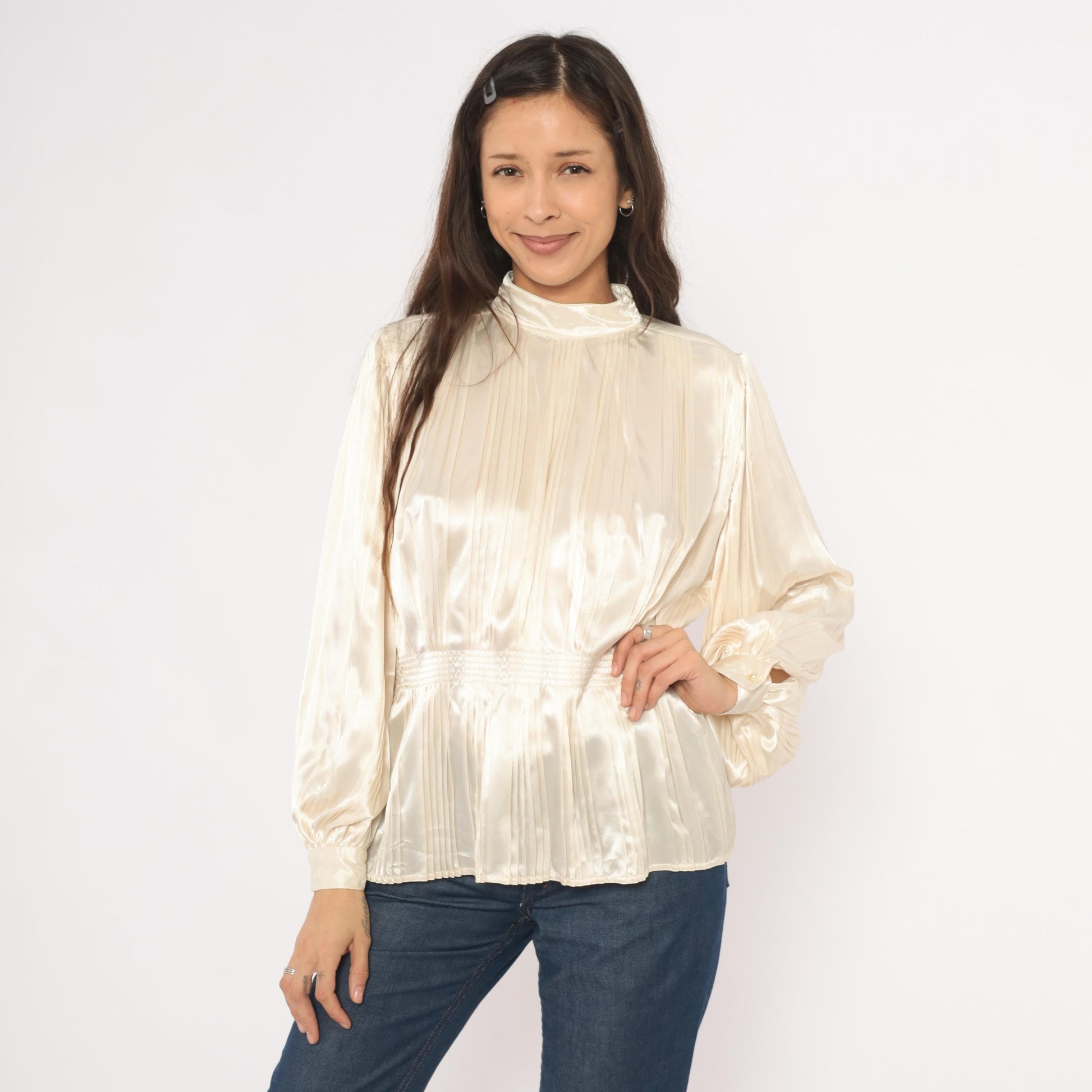 80s Nilani Ivory Satin Blouse Peplum High Neck Bishop Sleeve Small