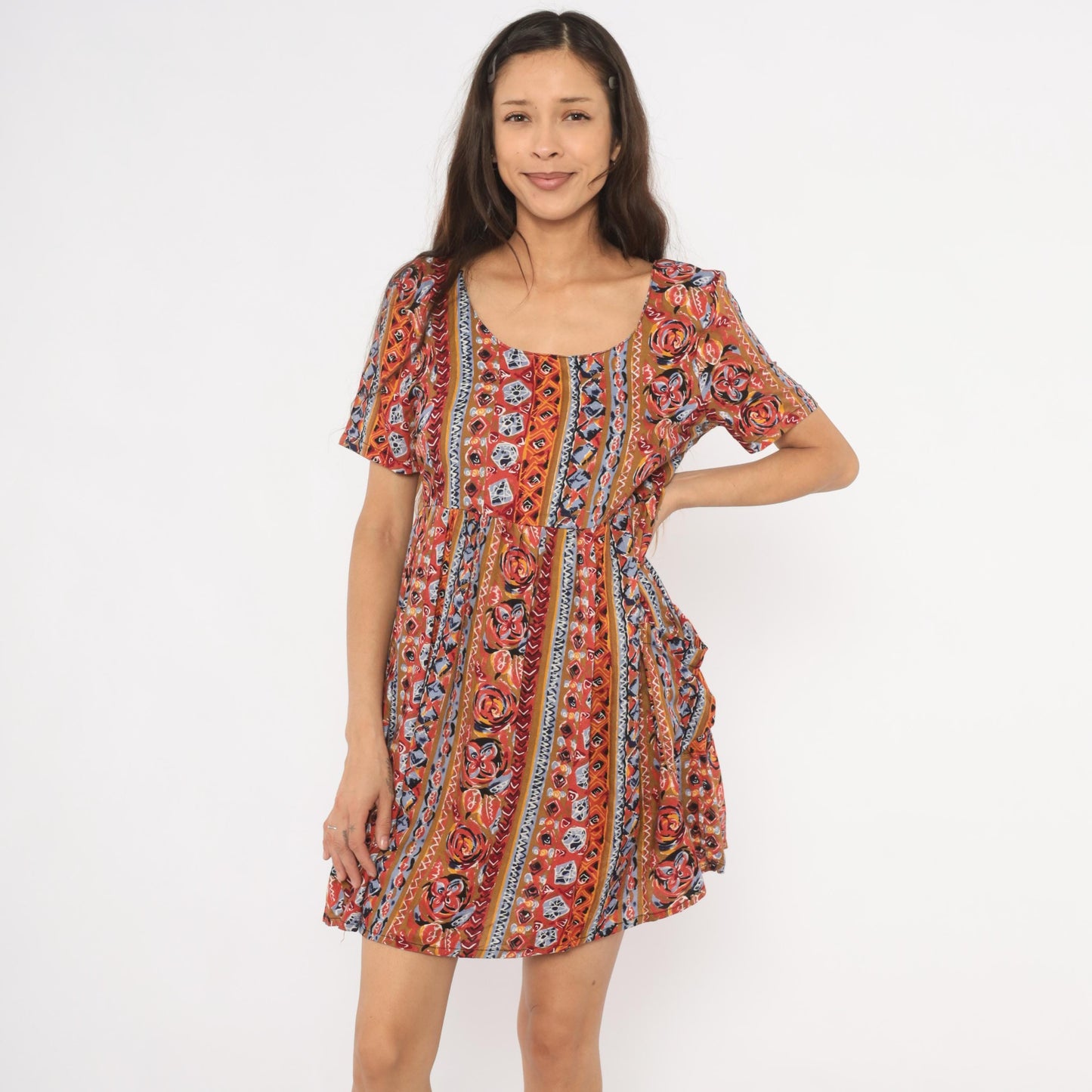 90s Pellini Babydoll Mini Dress Tribal Floral Stripe Rust Blue Small